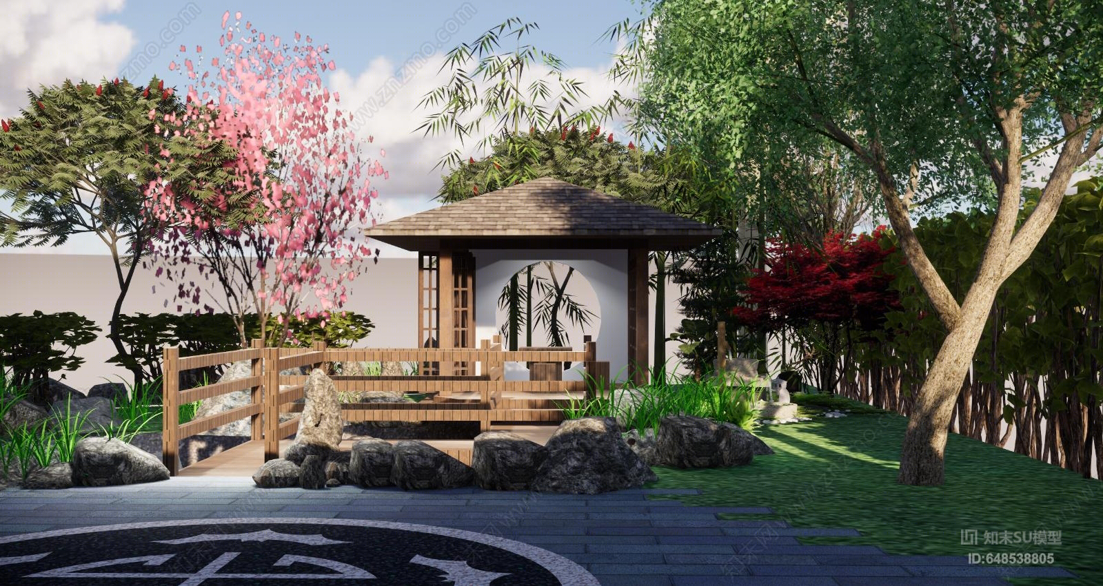 原创新中式风格花园su模型下载【id:648538805】