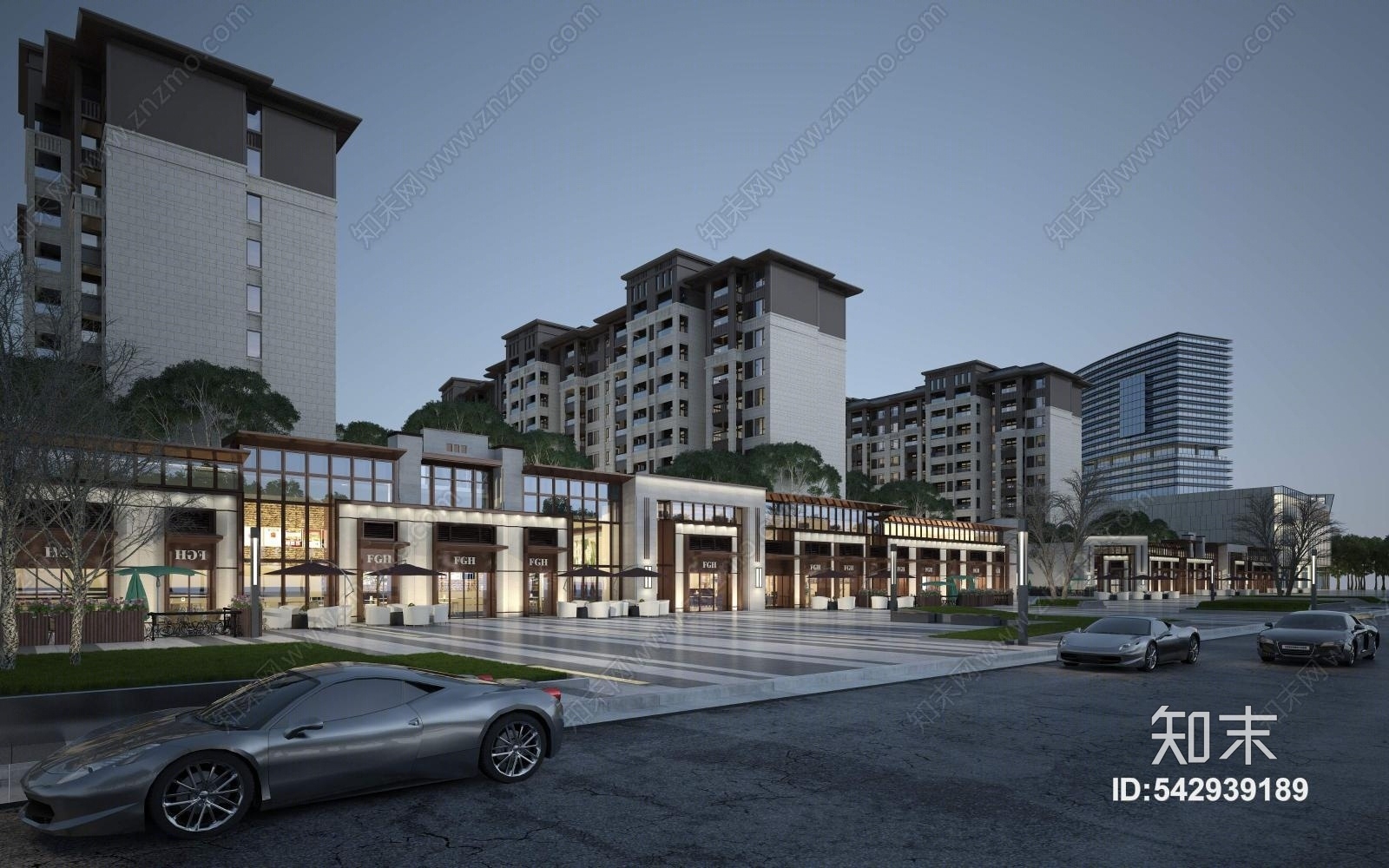 新中式新亚洲高层住宅沿街商业街3d模型下载