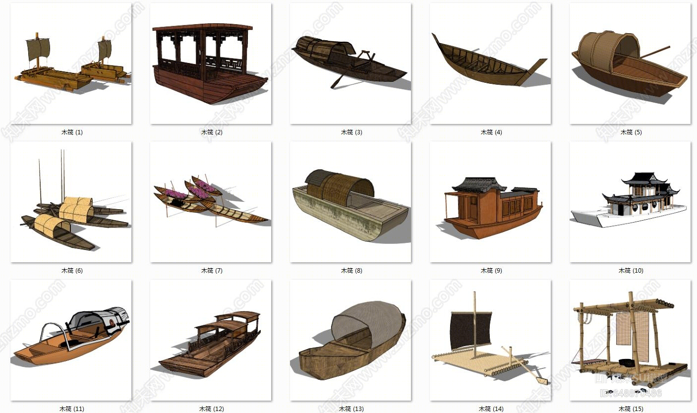 原创中式风格古代船 中式船筏su模型下载【id:648870486】