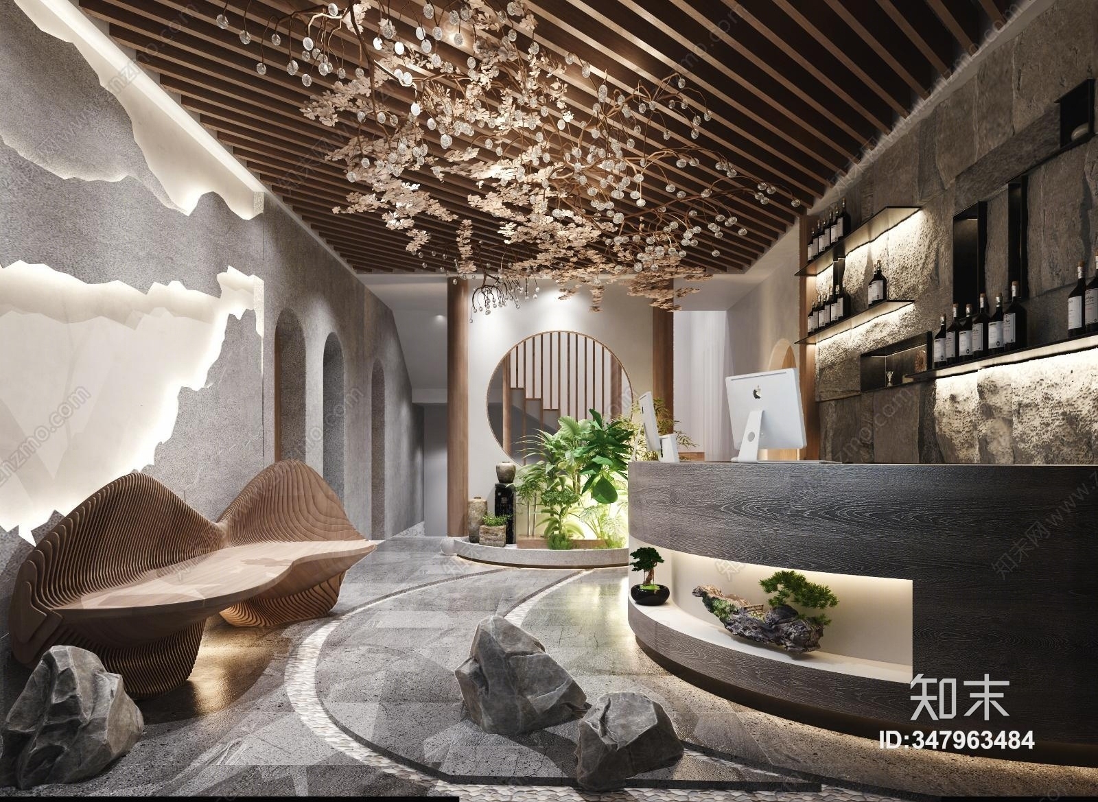 原创新中式餐厅 前台吧台 背景墙 吊顶3d模型下载【id:347963484】