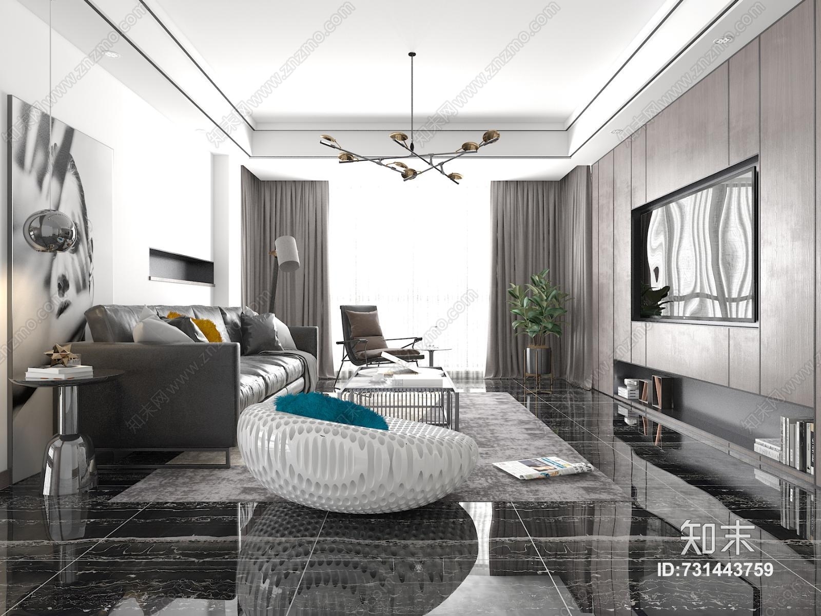 原创后现代黑白灰后现代客厅3d模型下载【id:731443759】