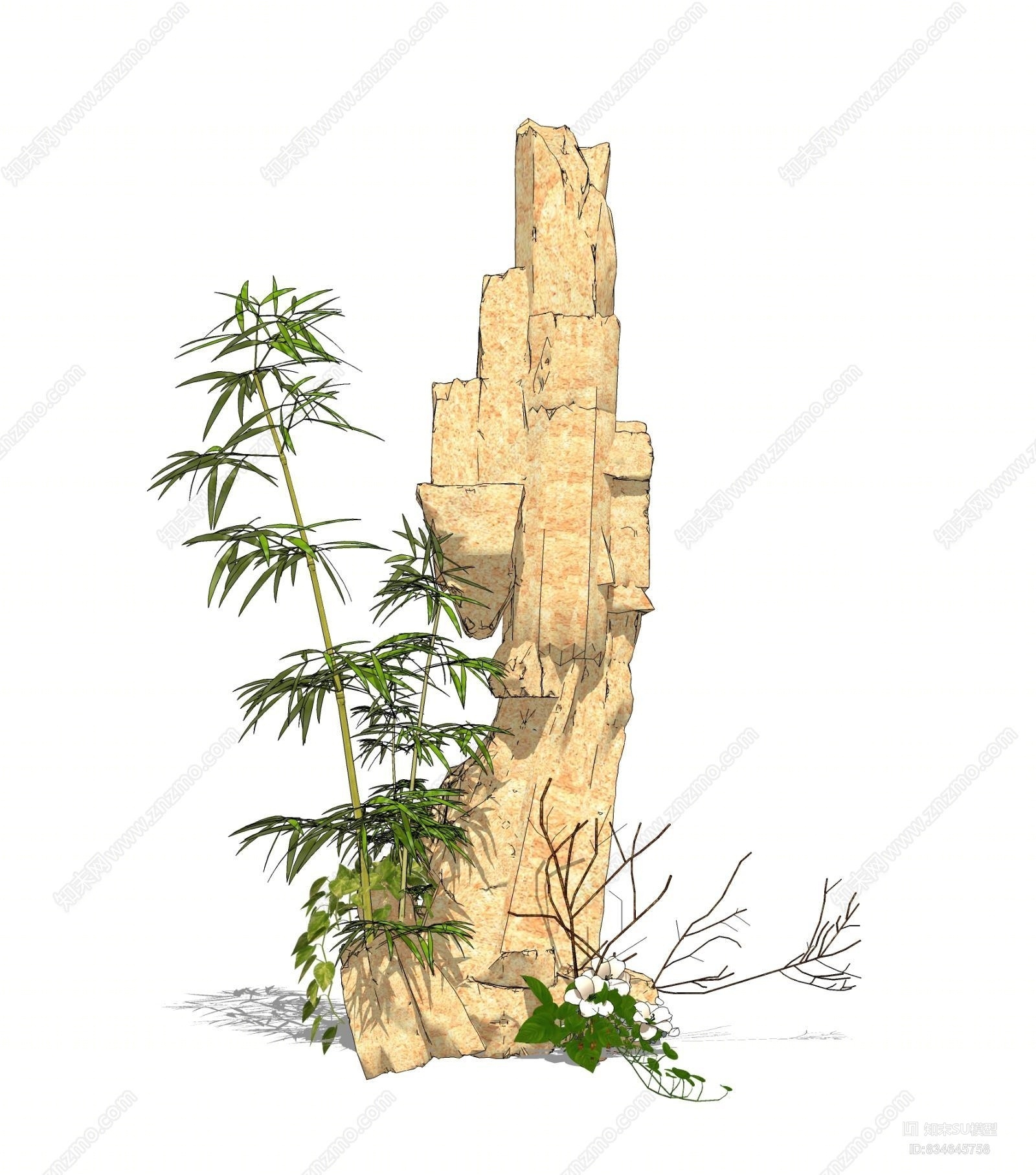 新中式假山石头竹子枯枝su模型下载【id:834645758】