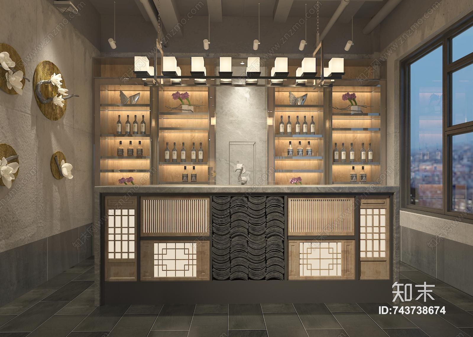 原创新中式吧台 金属博古架收银台3d模型下载【id:743738674】