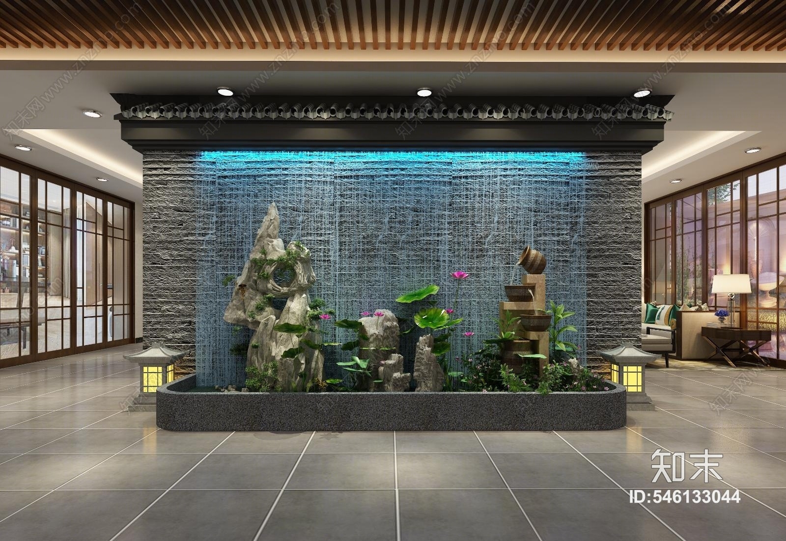 原创新中式中式餐厅 流水背景墙 假山水景小品 荷花水池3d模型下载