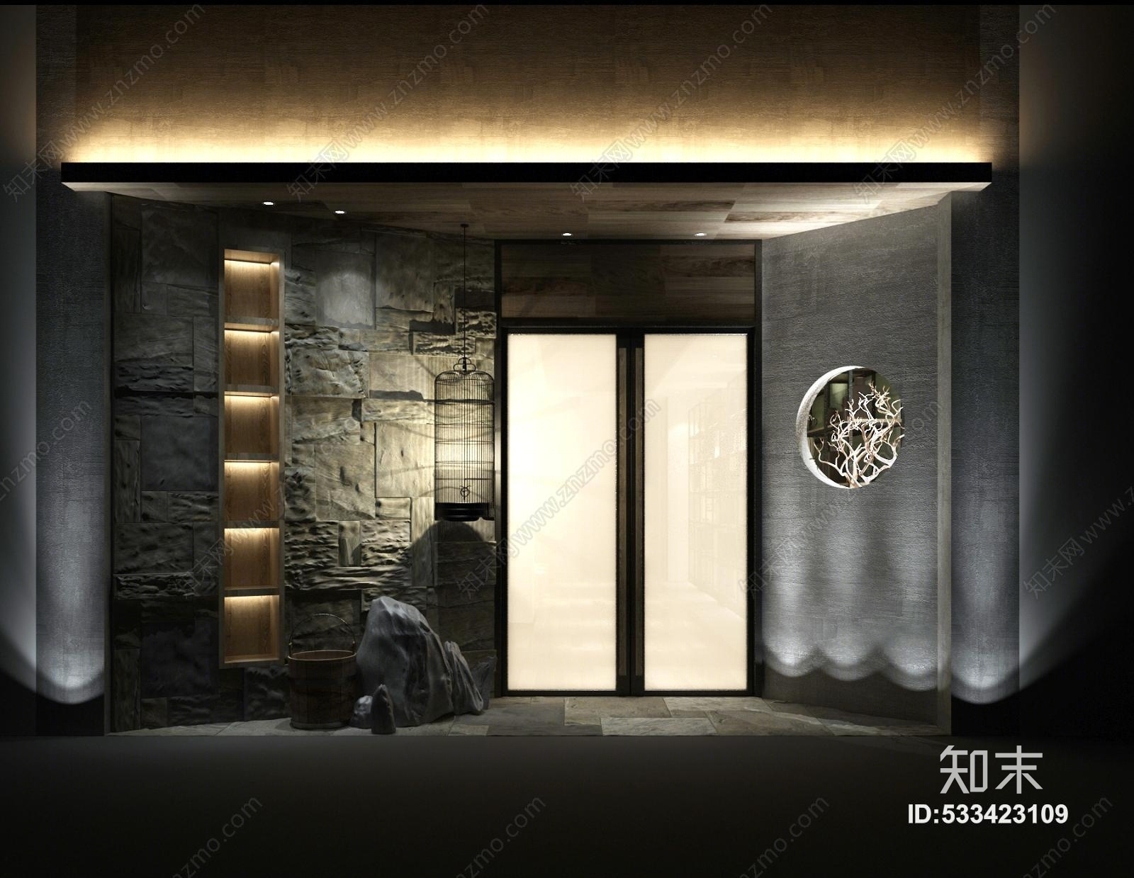 中式禅意酒店门头3d模型下载【id:533423109】