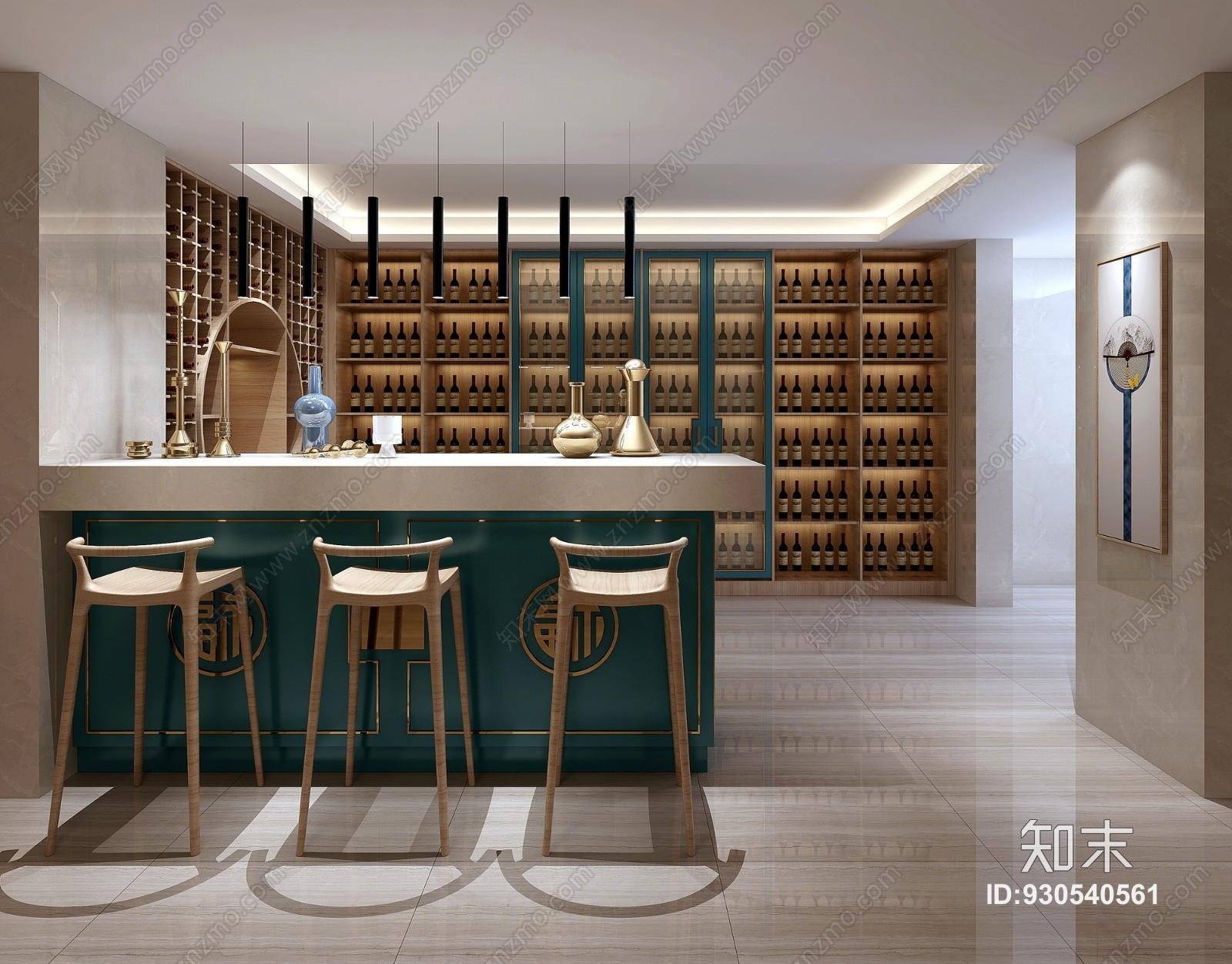 新中式现代地下室酒窖吧台3d模型下载【id:930540561】
