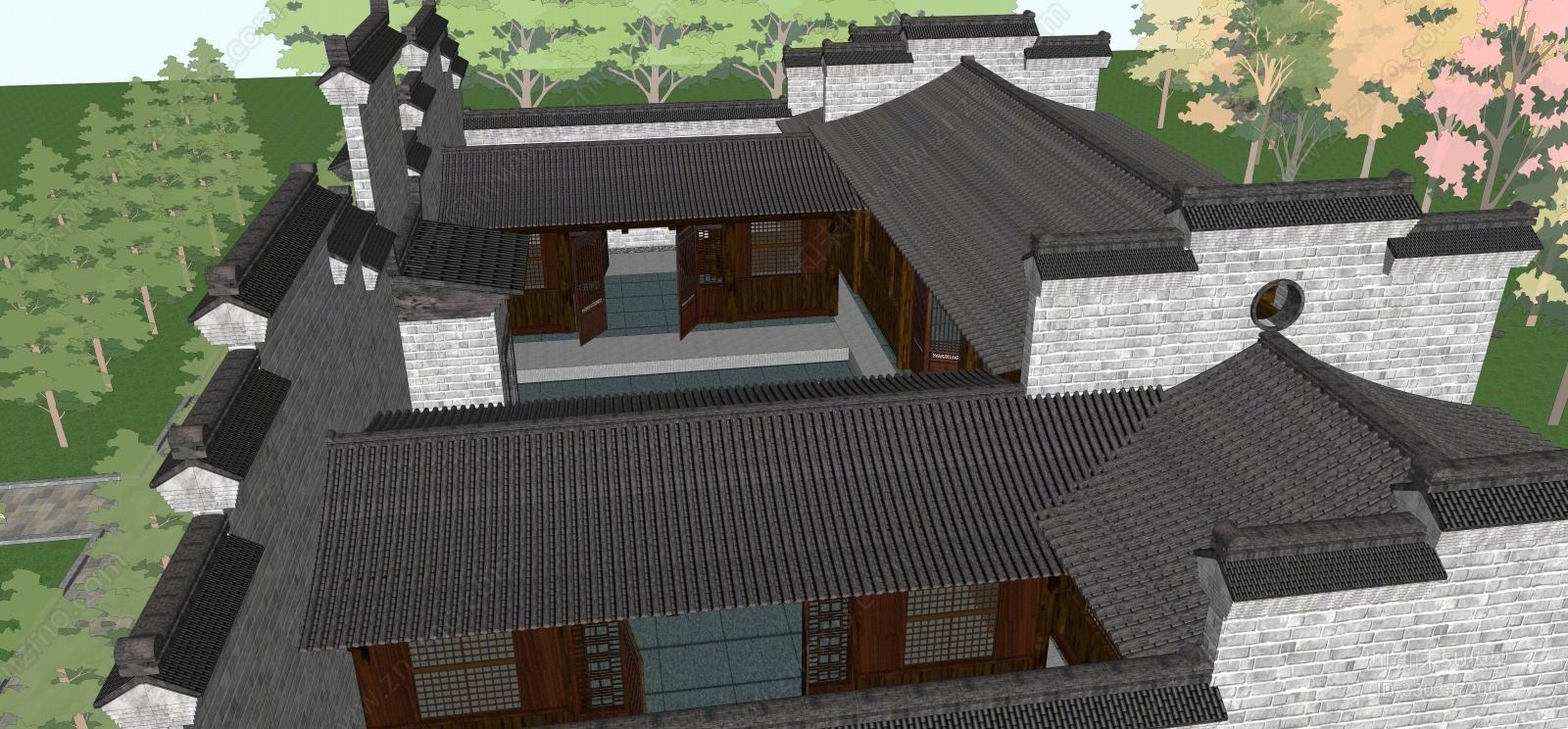 原创中式院落 四合院 仿古建筑 传统院落su模型下载【id:330357200】