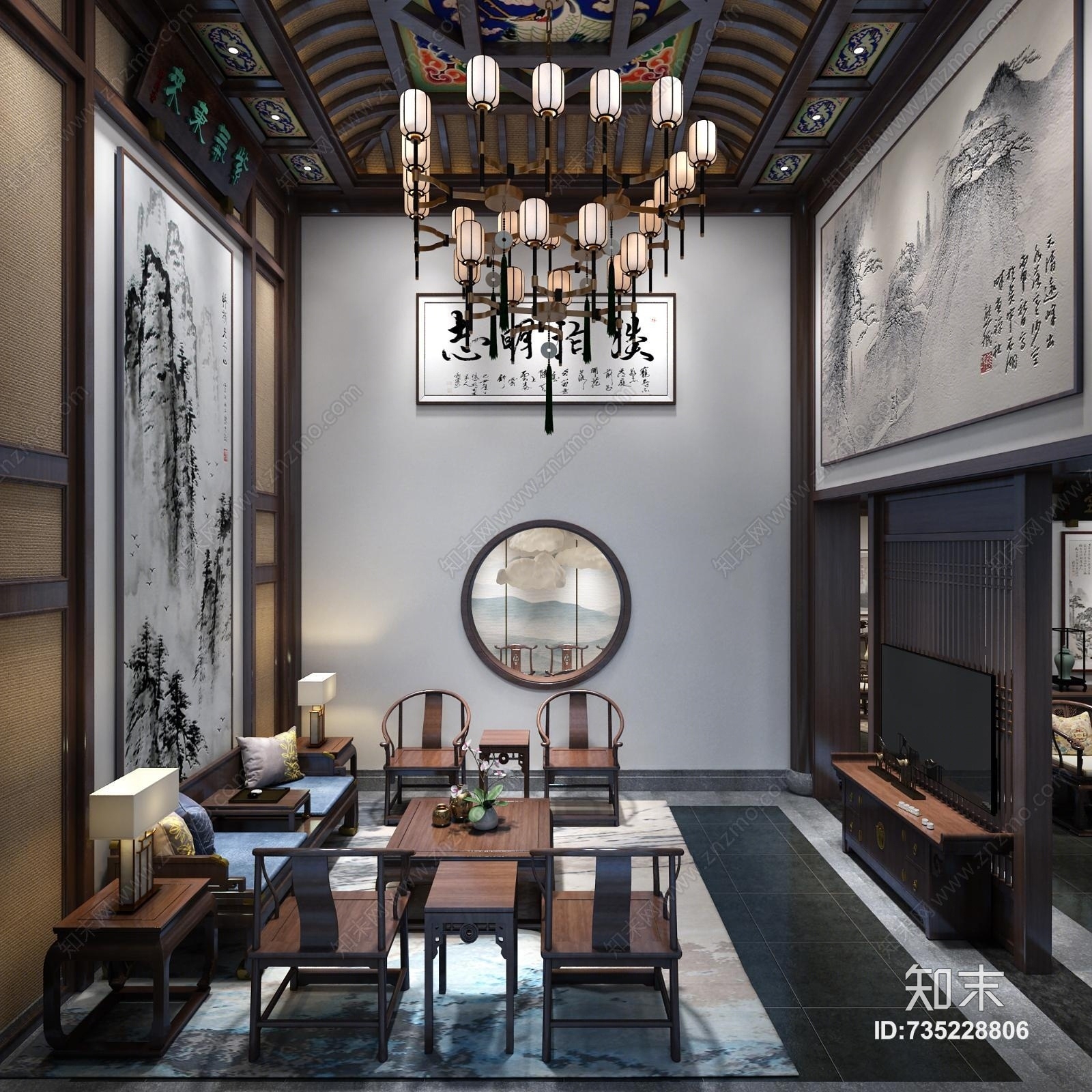 中式别墅客厅餐厅茶室门厅中堂3d模型下载【id:735228806】