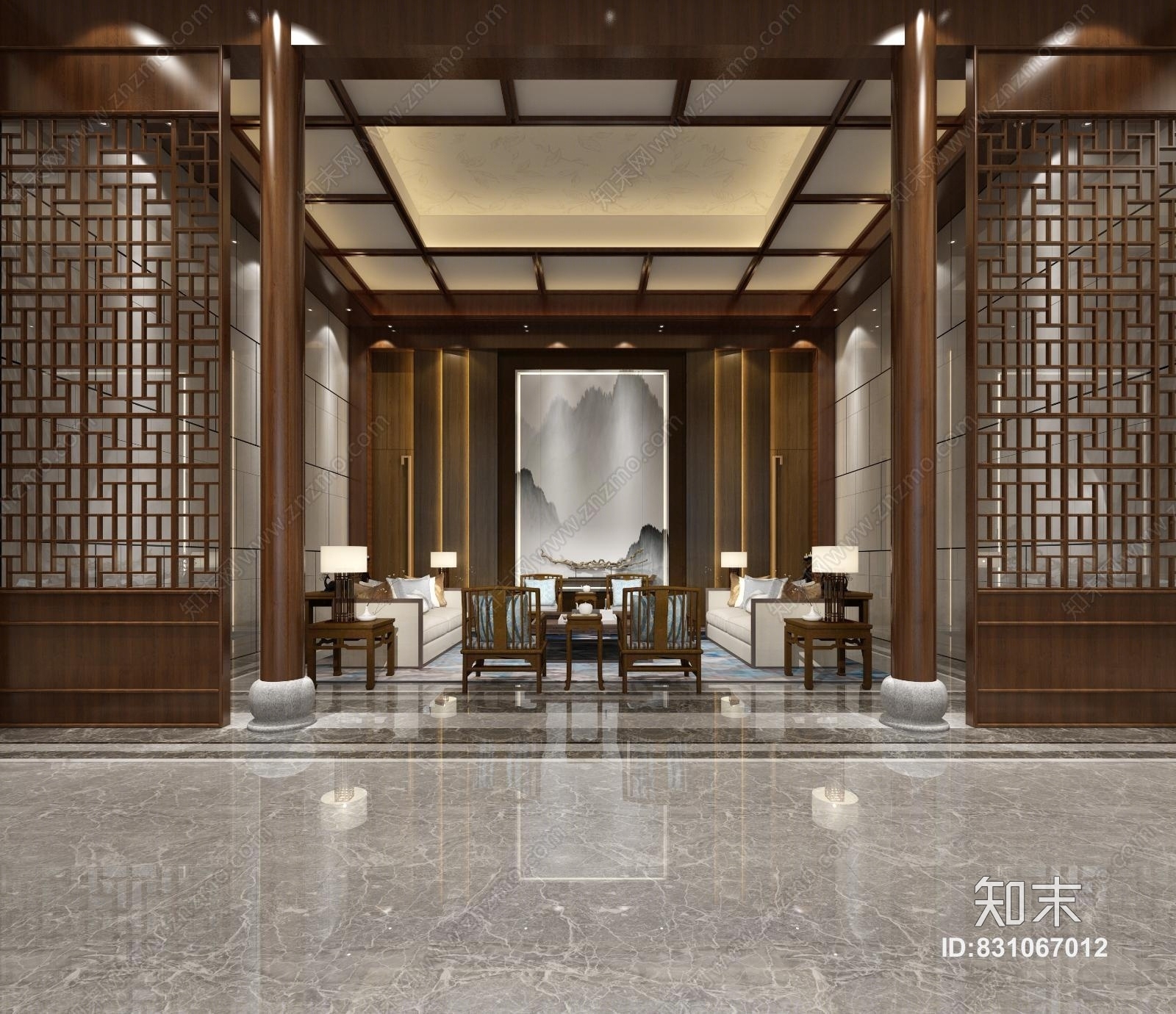 新中式中式风格的接待室3d模型下载【id:831067012】