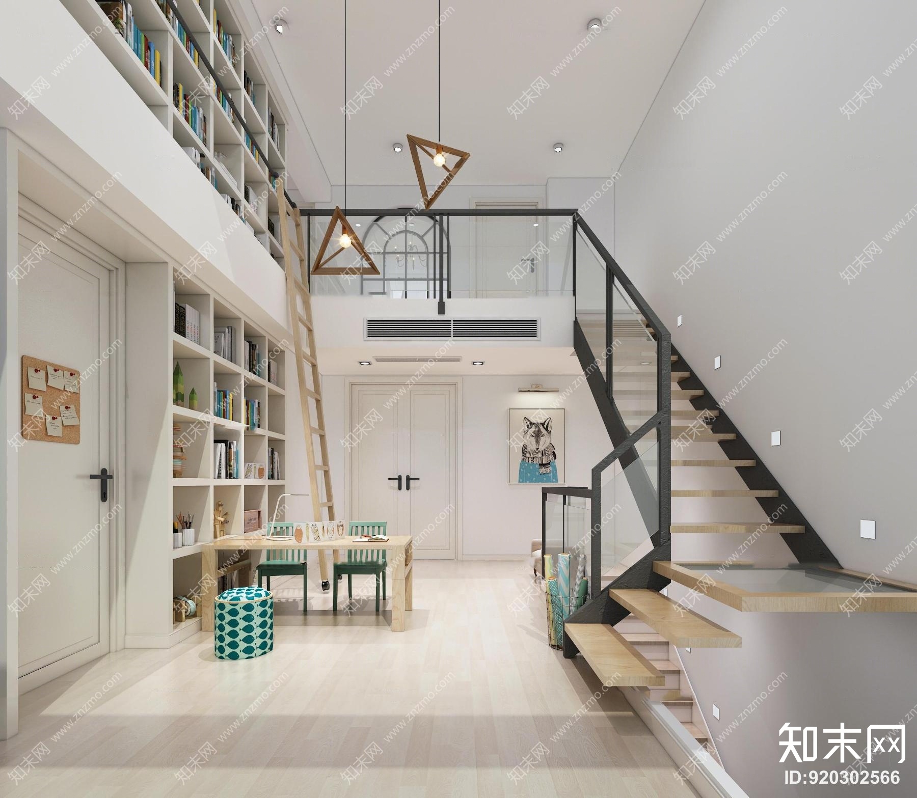 现代跃层书房书柜组合3d模型下载【id:920302566】