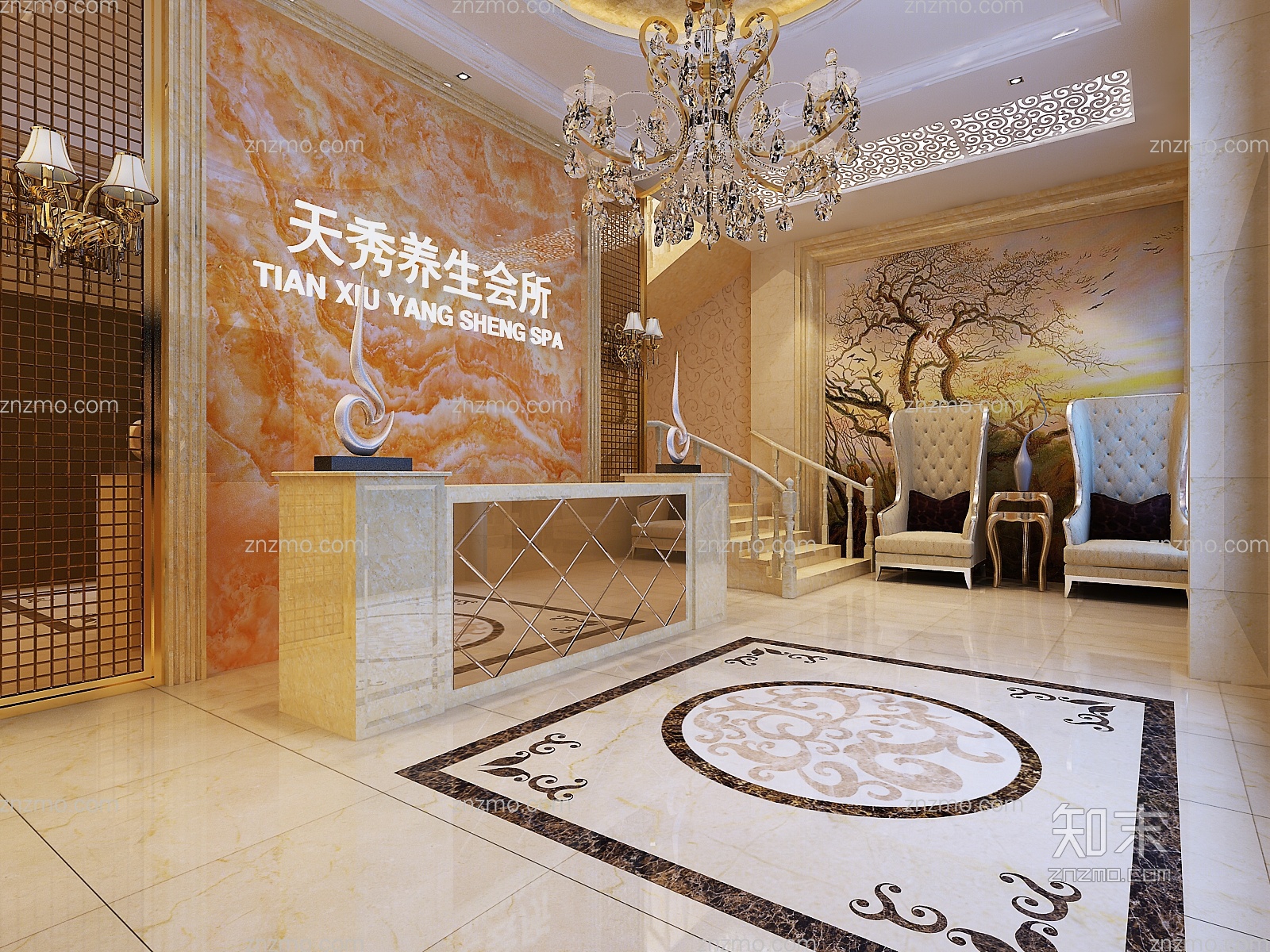 经典欧式养身会所 吊灯 休闲椅 茶几 壁灯