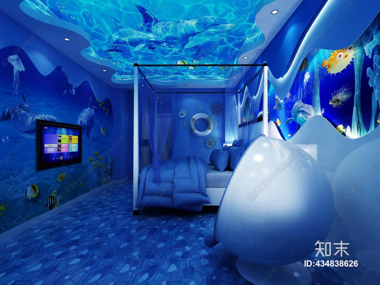 现代海洋主题客房3d模型下载【id:434838626】