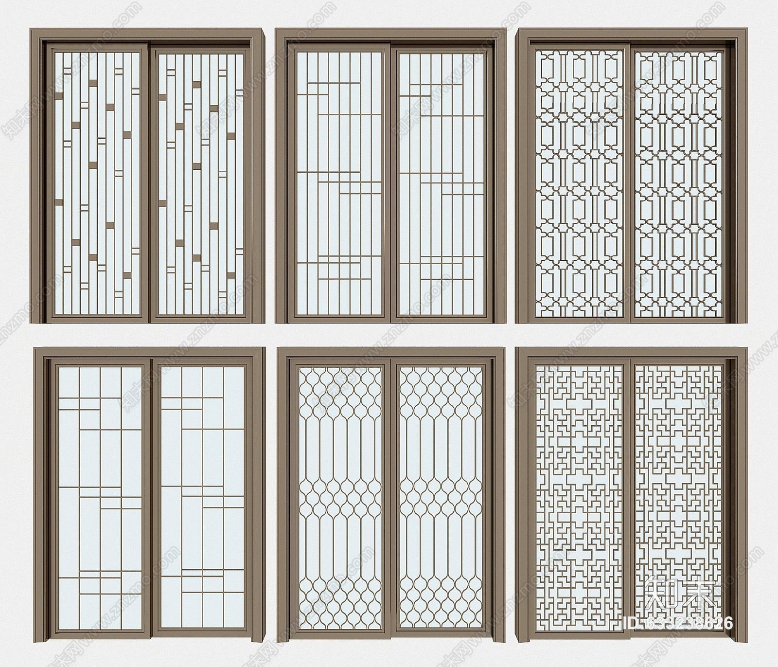 新中式玻璃推拉门组合3d模型下载