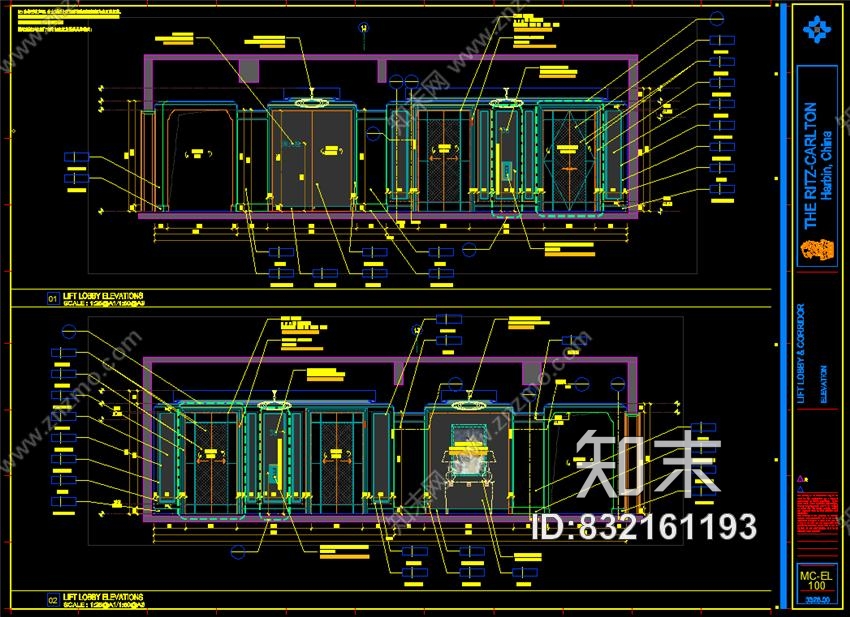 HBA哈尔滨富力丽思卡尔顿电梯厅&amp;样板房施工图(CAD+PDF)+效果图施工图下载【ID:832161193】