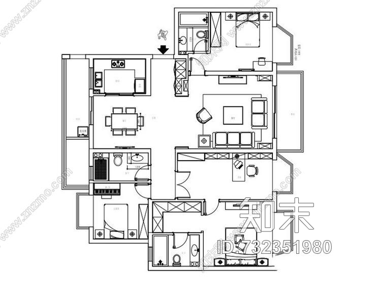 南京御江金城美式简约四居室cad施工图下载【ID:732351980】