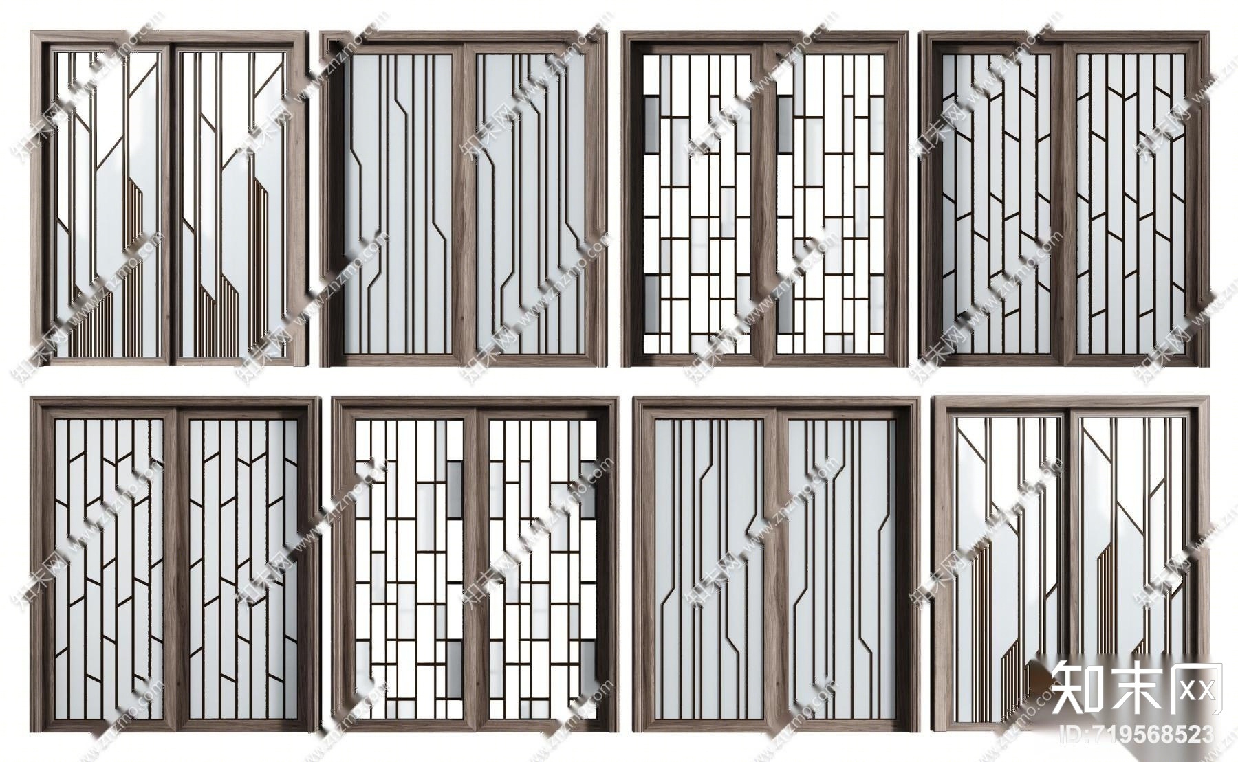新中式实木玻璃移门组合3d模型3d模型下载【id:719568523】