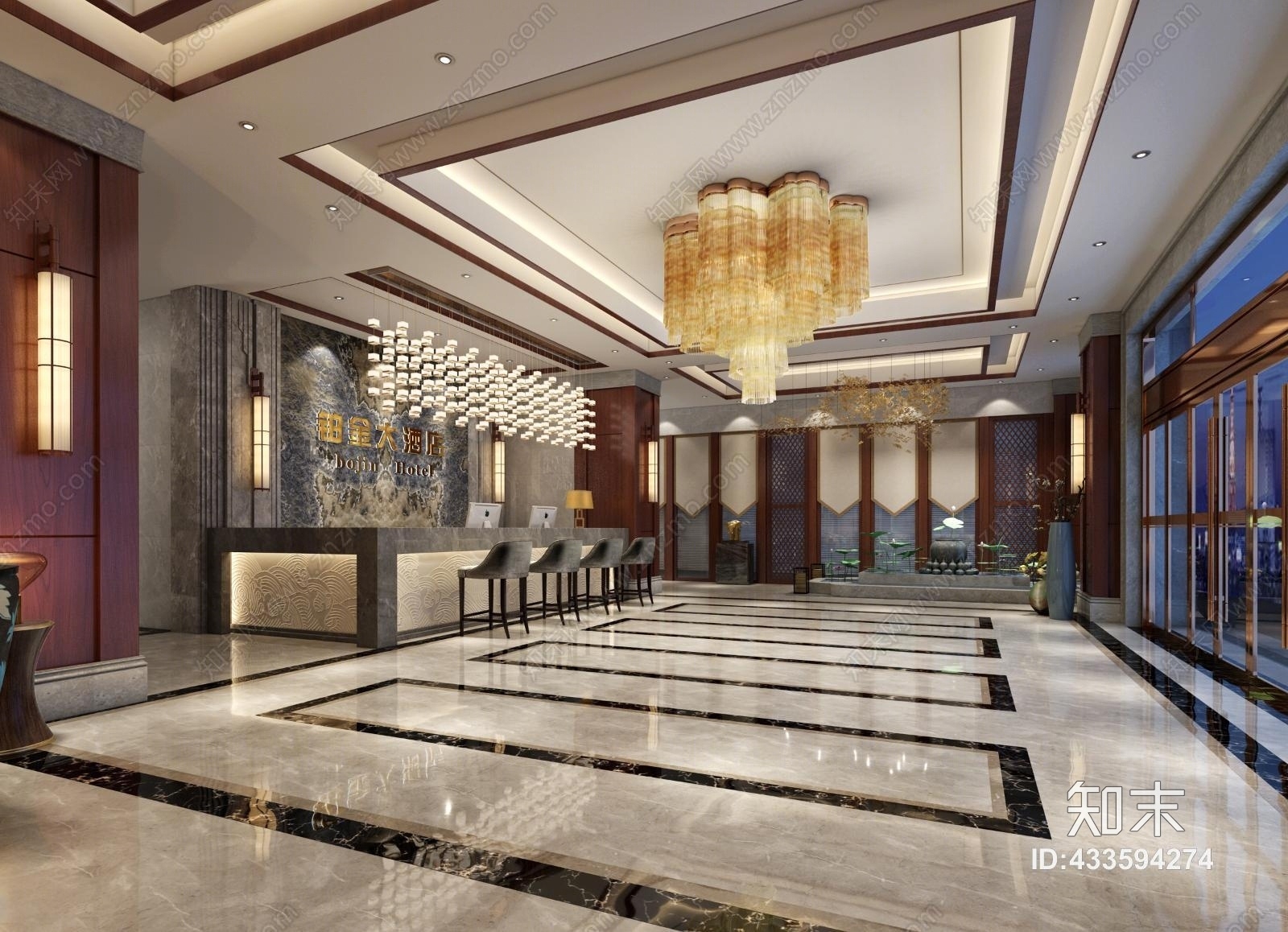 新中式酒店大堂3d模型下载【id:433594274】