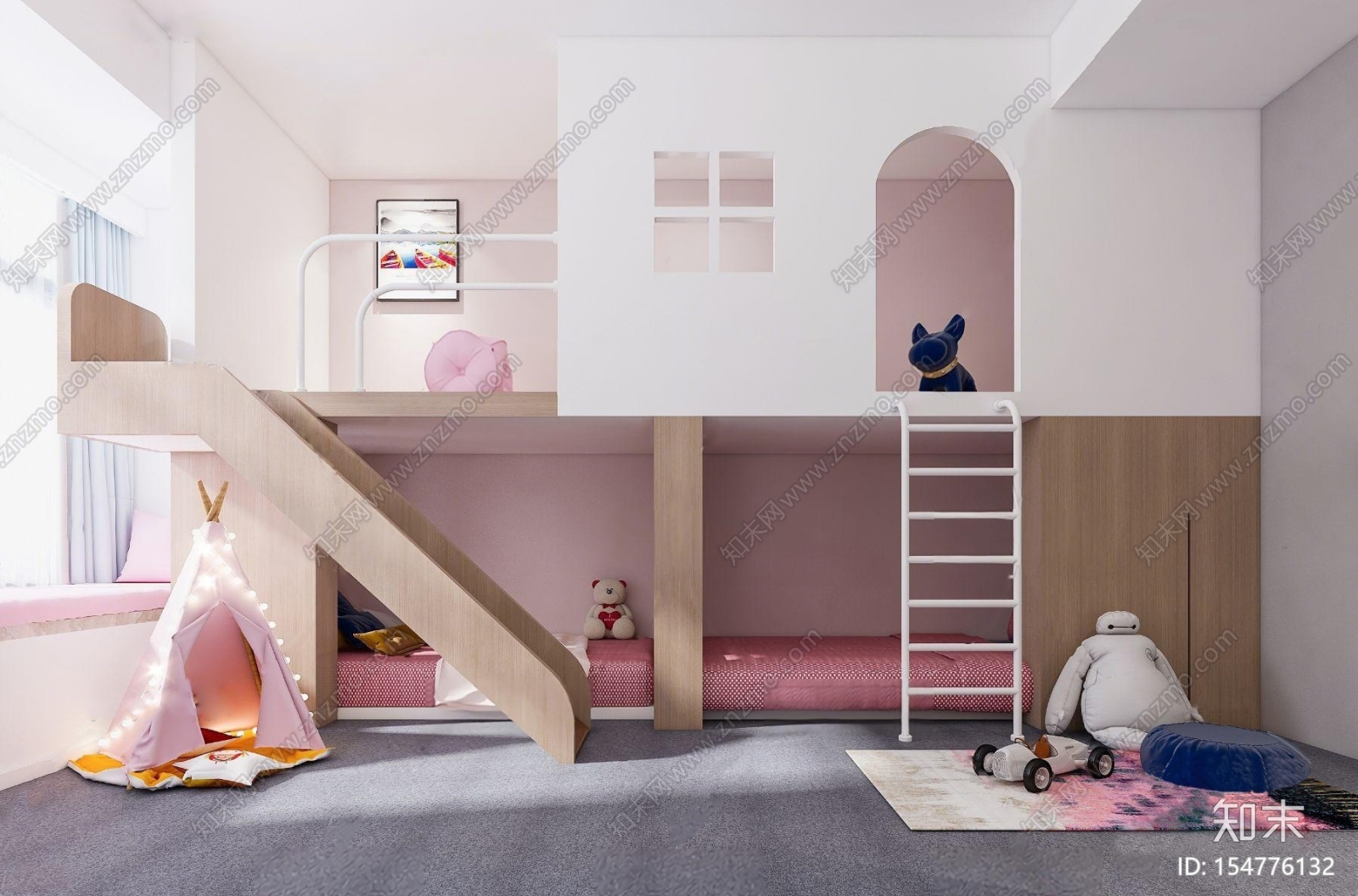 原创北欧上下铺双人房儿童房3d模型下载【id:154776132】