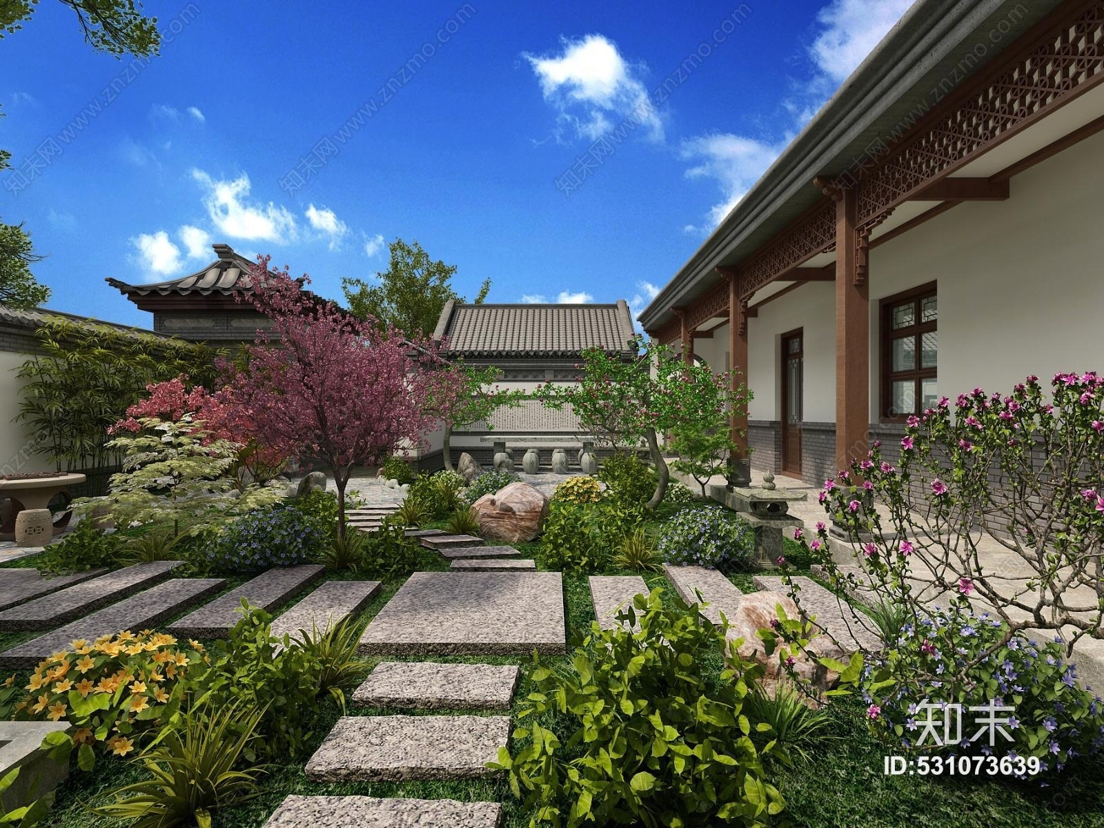 中式影壁墙古建花园3d模型下载【id:531073639】