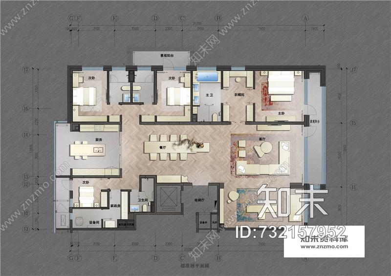 北京五矿万科如园C1地块17#样板间五室两厅丨设计方案+效果图+CAD施工图cad施工图下载【ID:732157952】