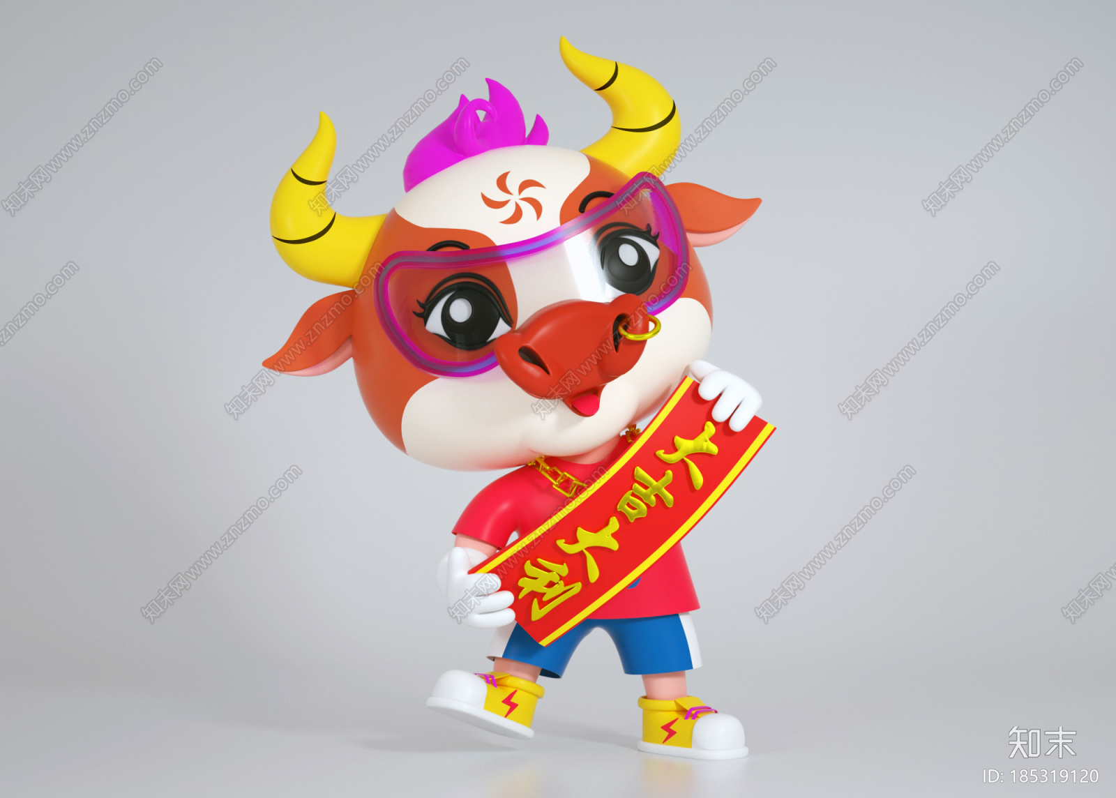 c4d个性定制吉利牛ip形象cg模型下载【id:185319120】
