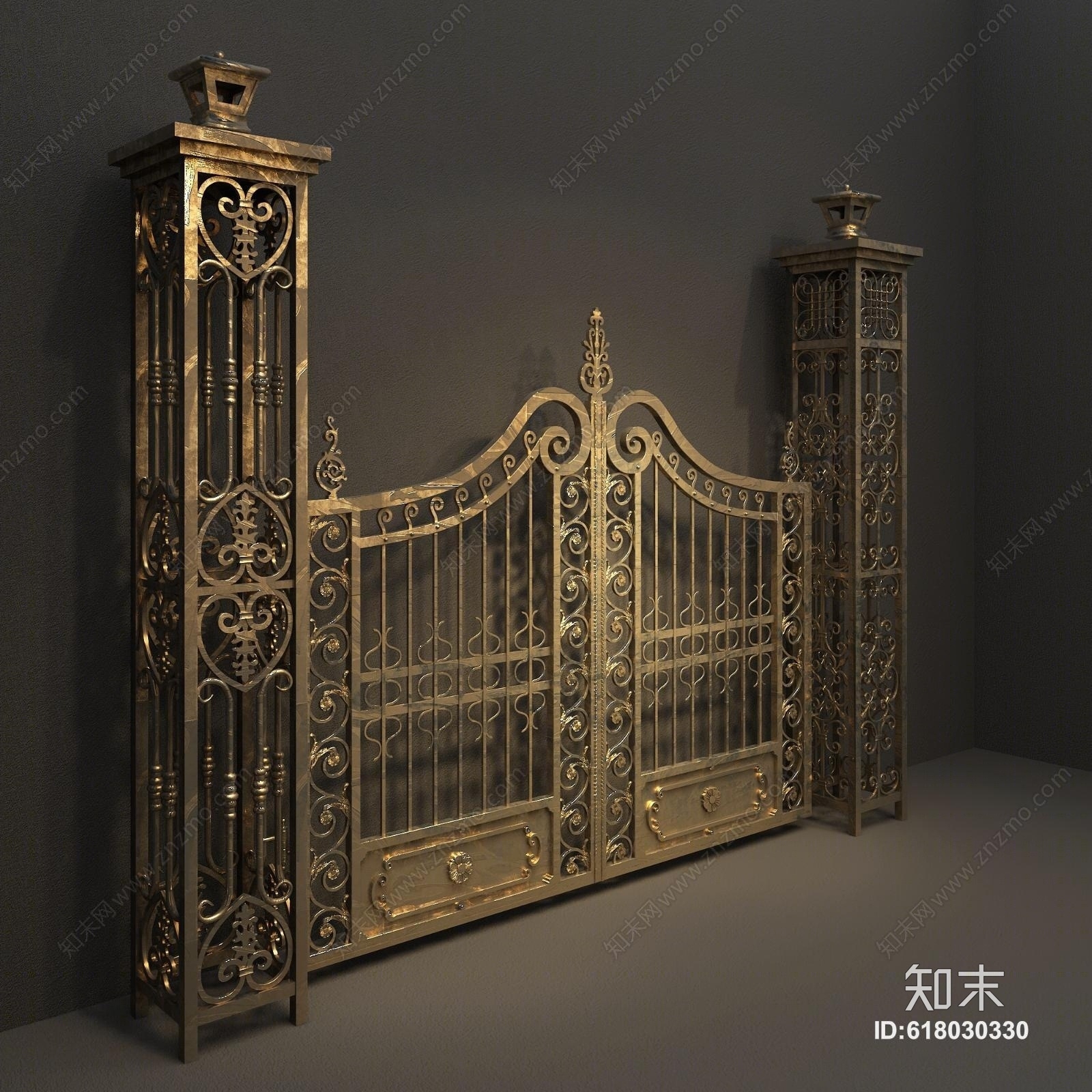 欧式简约金属古铜铁艺门双开门铁艺柱3d模型下载【id