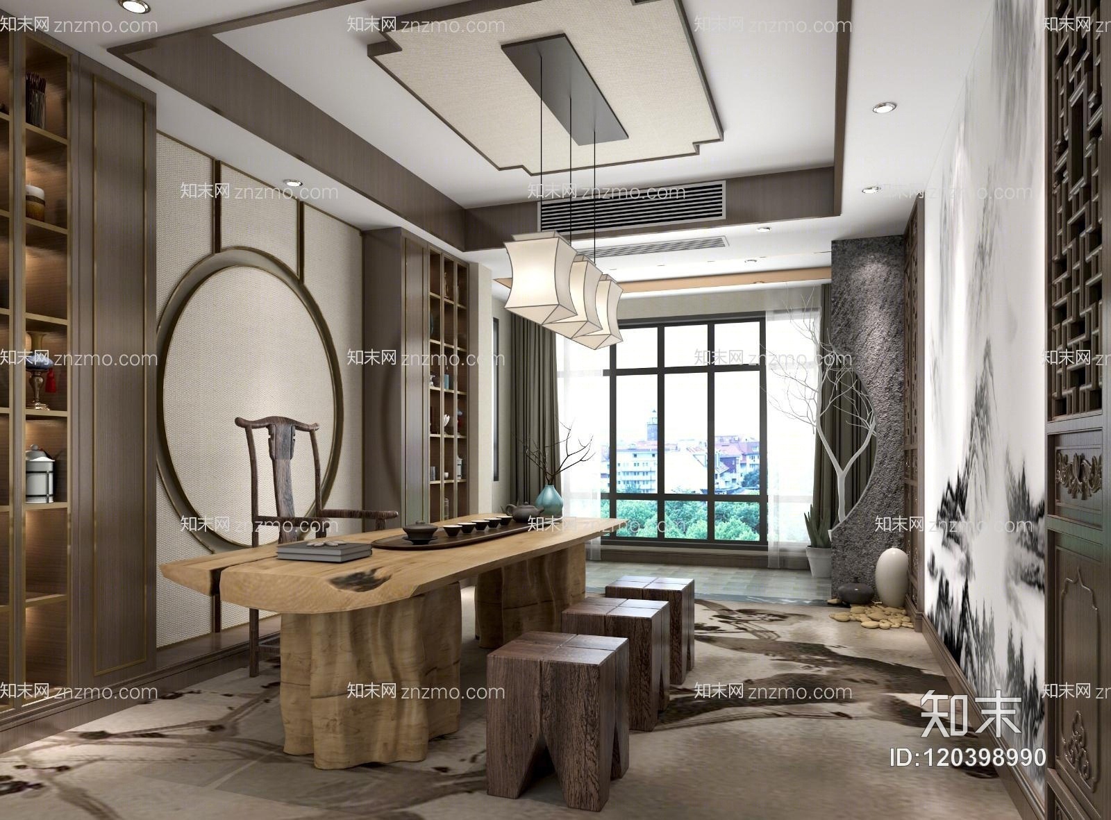 新中式茶室 书房 书桌 茶几 吊灯 装饰品 摆件 墙饰
