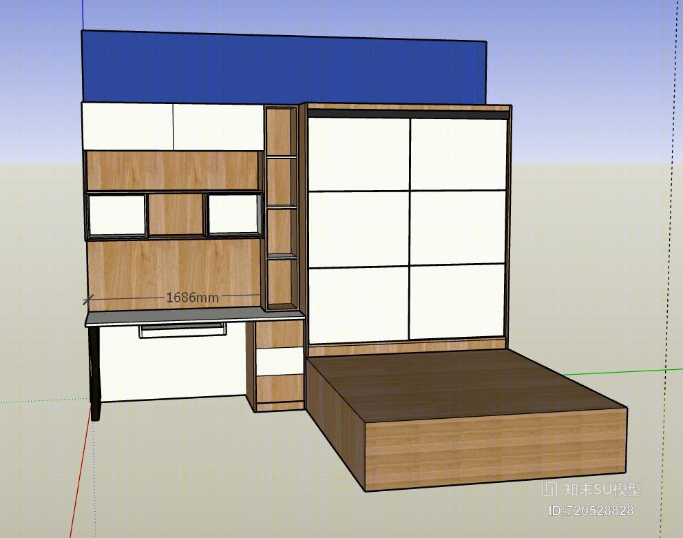 张智科现代写字桌书架榻榻米组合su模型【id:720528828