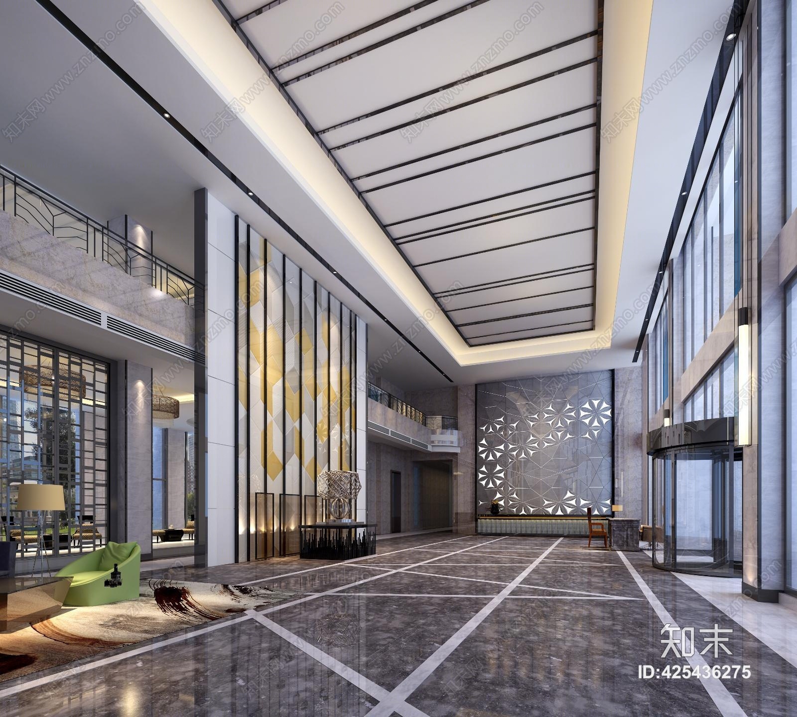 新中式酒店大堂 石材地面 前台 前台背景 不锈钢旋转门 玻璃门