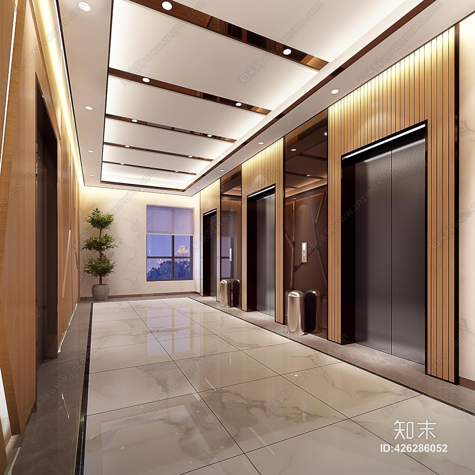 现代轻奢办公电梯厅3d模型下载【id:426286052】