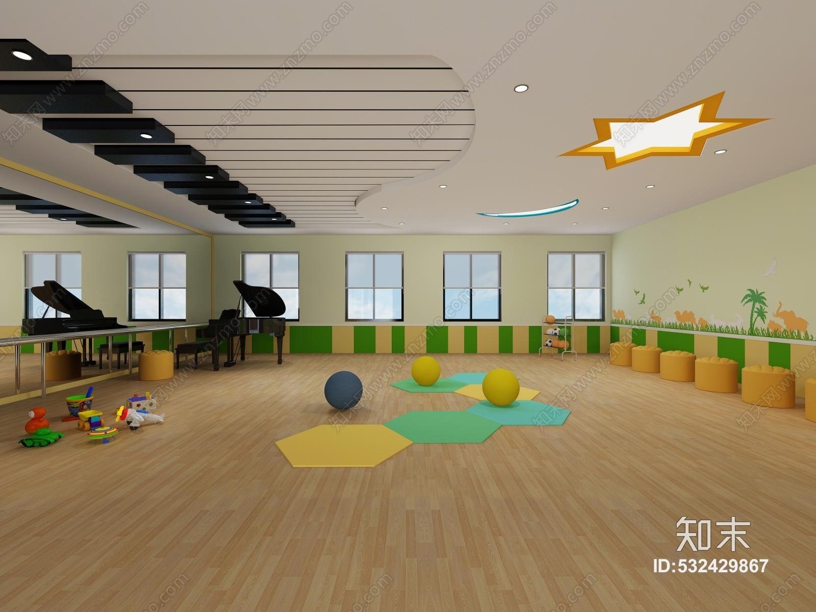 现代幼儿园音体活动室3d模型下载【id:532429867】