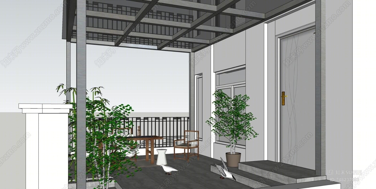 新中式风格别墅露台SU模型下载【ID:748237093】