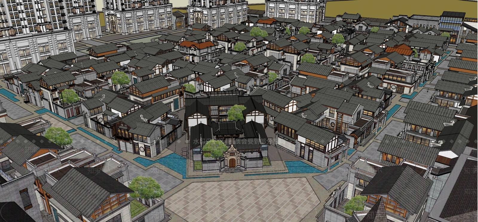 欧式高层住宅+新中式商业街SU模型下载【ID:175278125】