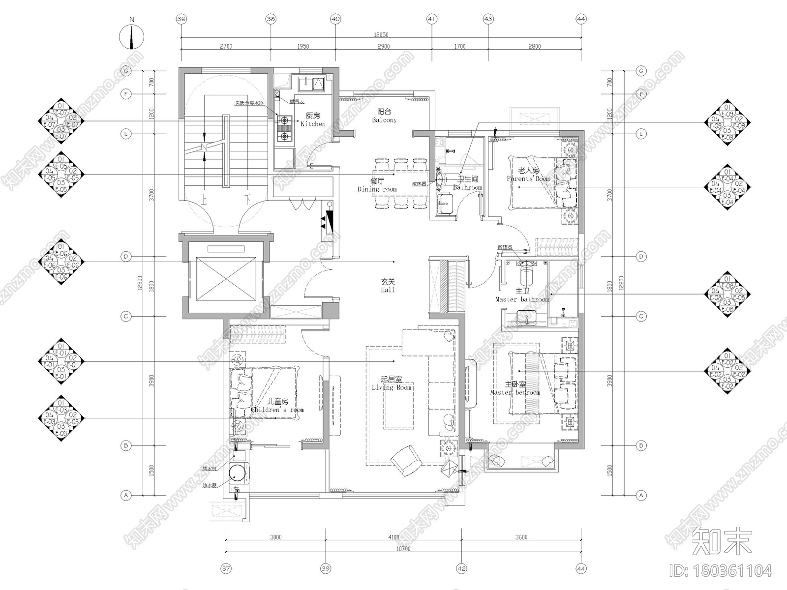 ​[济南]130㎡三居室家装样板房装修施工图施工图下载【ID:180361104】