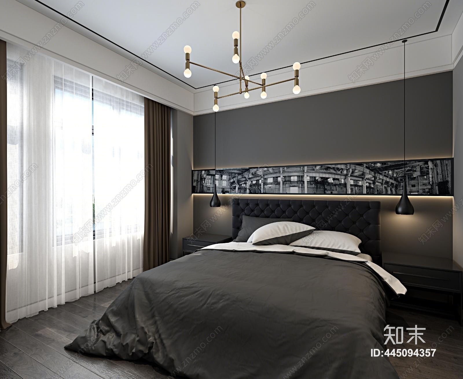 现代黑白灰卧室3D模型下载【ID:445094357】_知末3d模型网