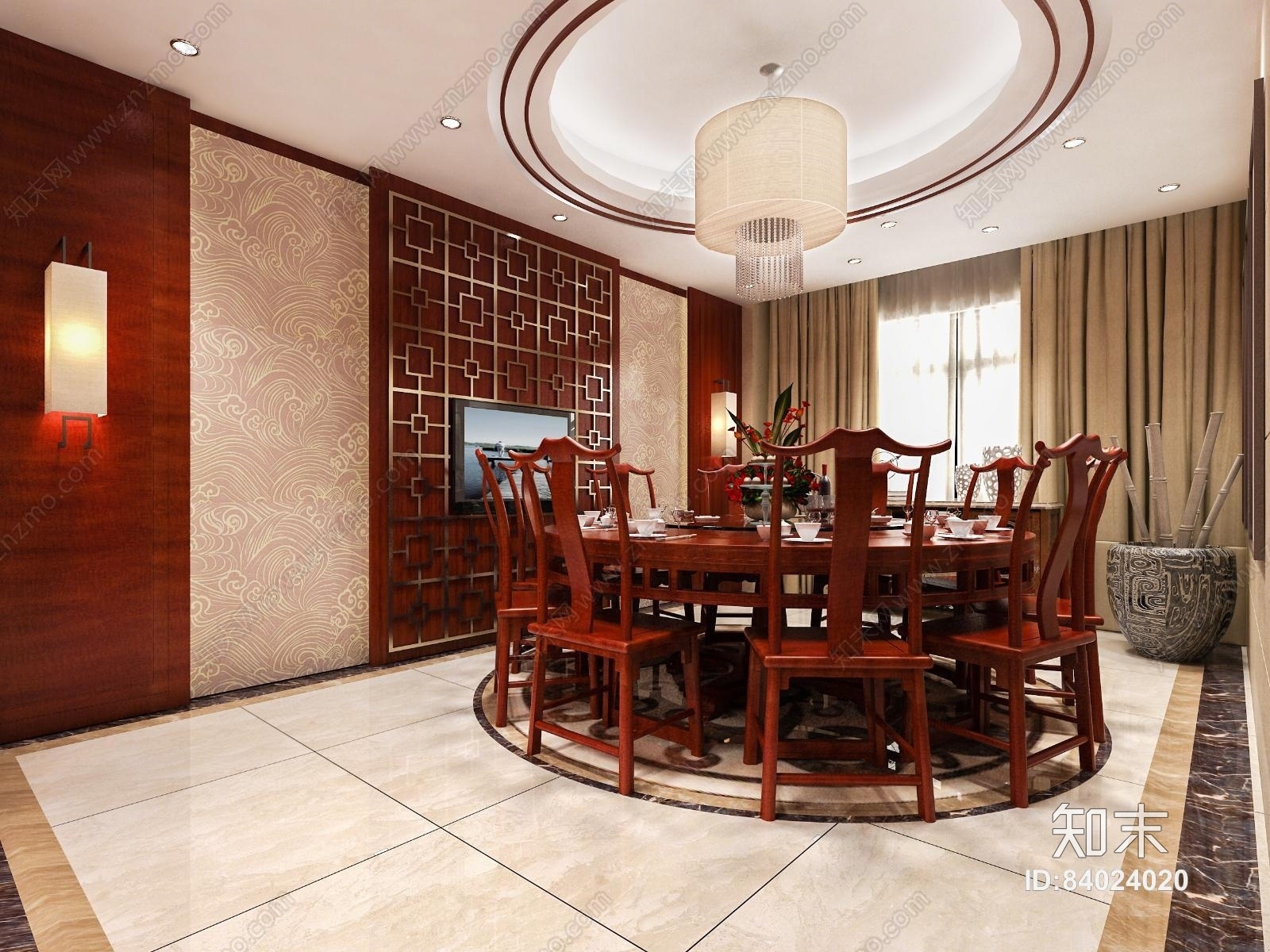 传统中式复式楼客厅餐厅过道3D模型下载【ID:84024020】