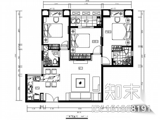 [福州]特色城市住宅区现代简约三居室样板房装修图（含效...cad施工图下载【ID:161868191】