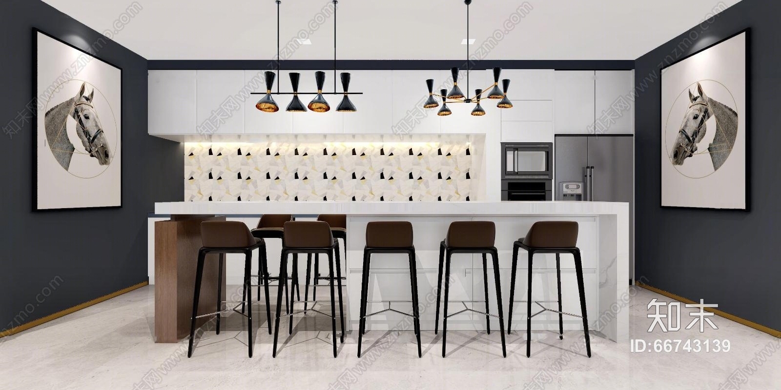 现代吧台椅子吊灯组合3D模型下载【ID:66743139】