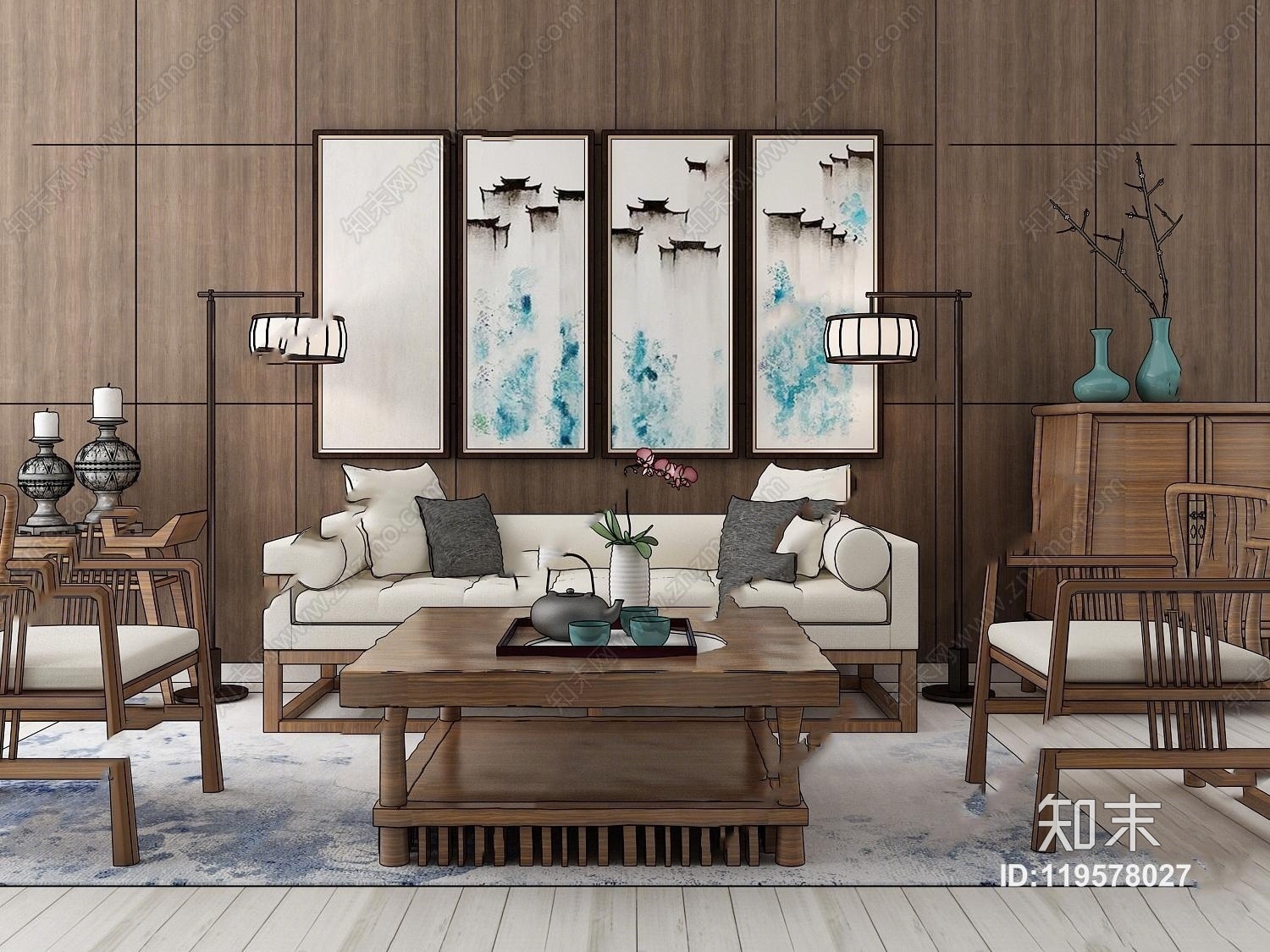 中式实木沙发茶几边柜装饰画组合3D模型下载【ID:119578027】