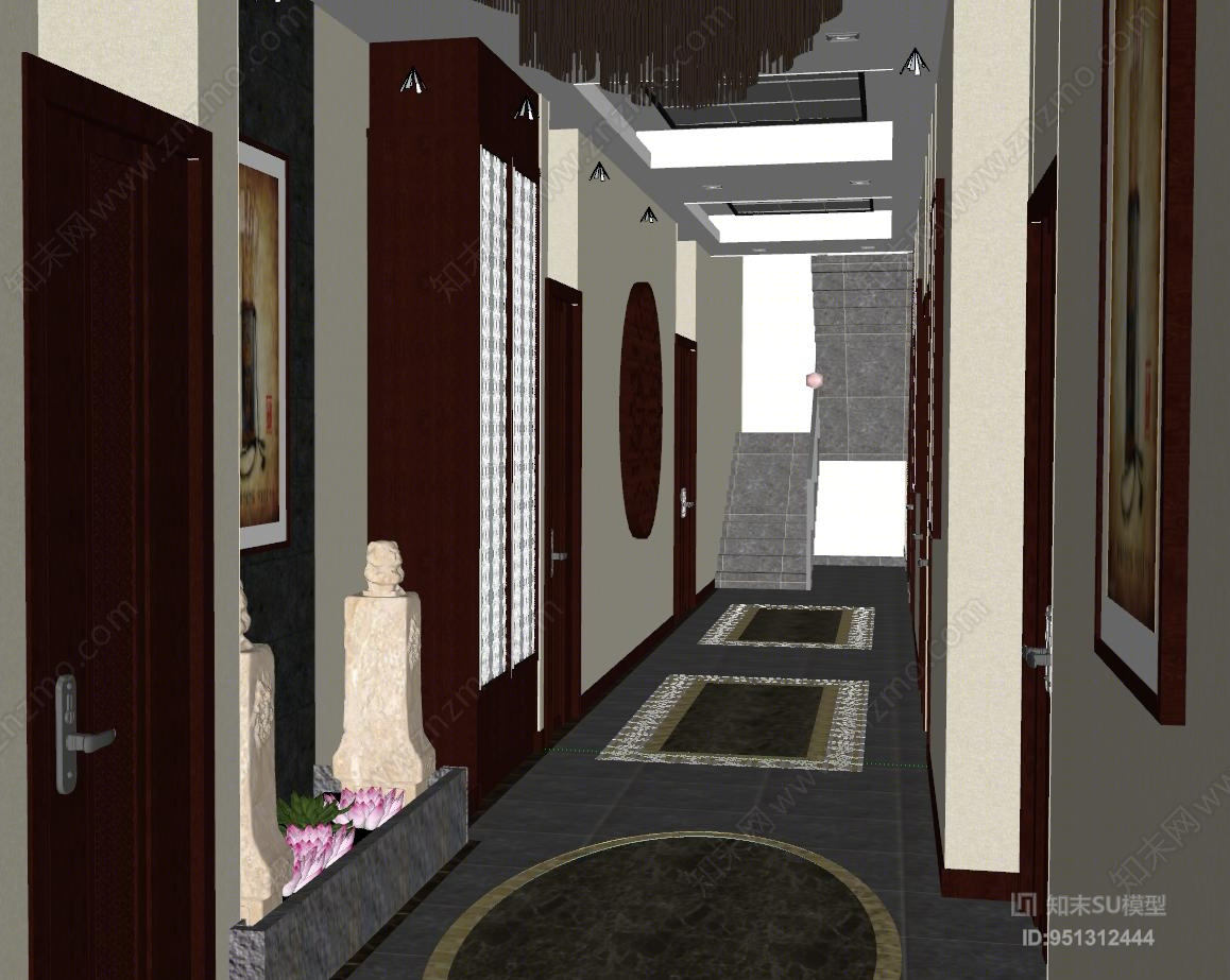 中式风格酒店玄关过道SU模型下载【ID:951312444】