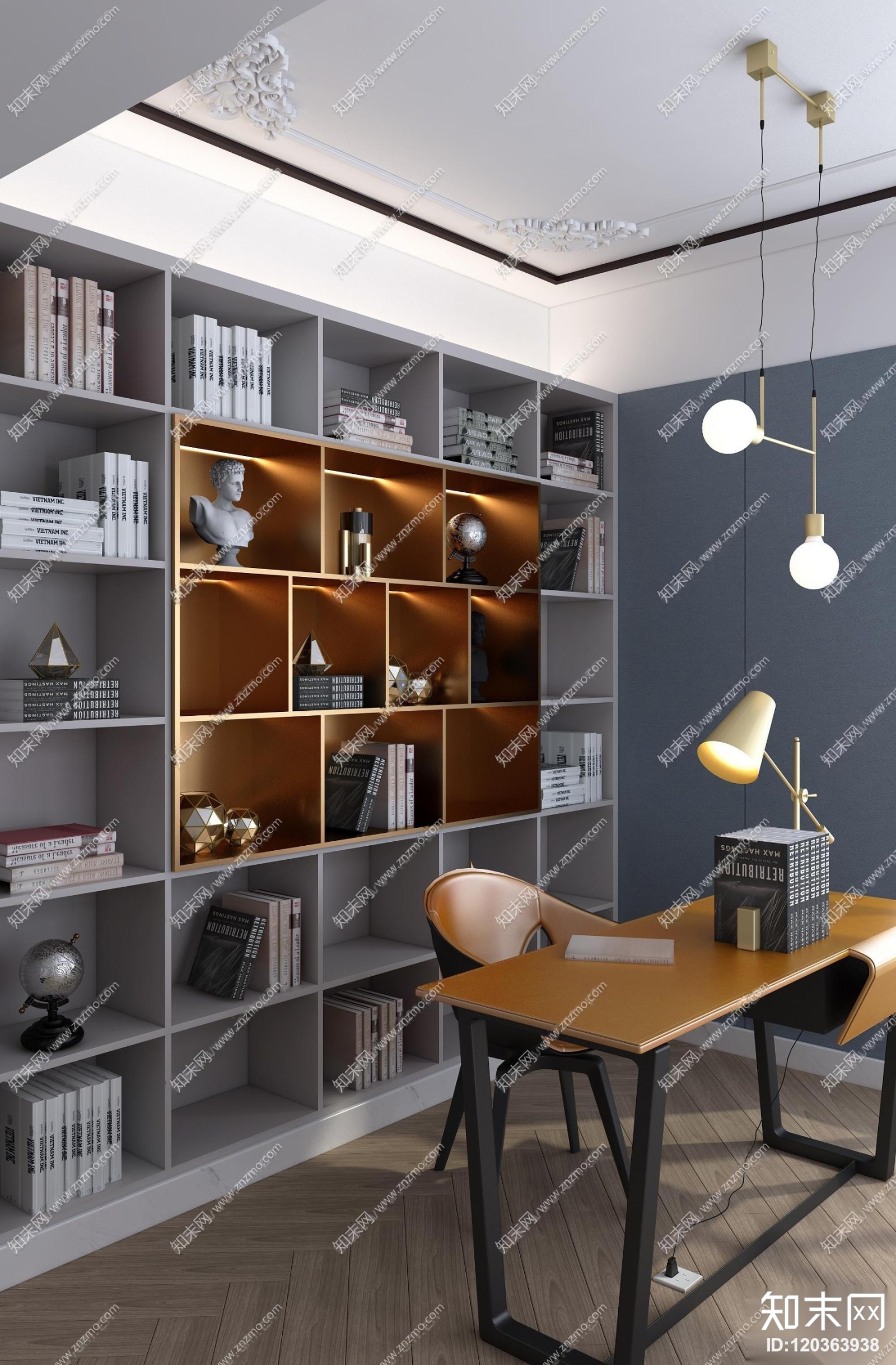 现代书桌椅书柜吊灯摆件组合3D模型下载【ID:120363938】
