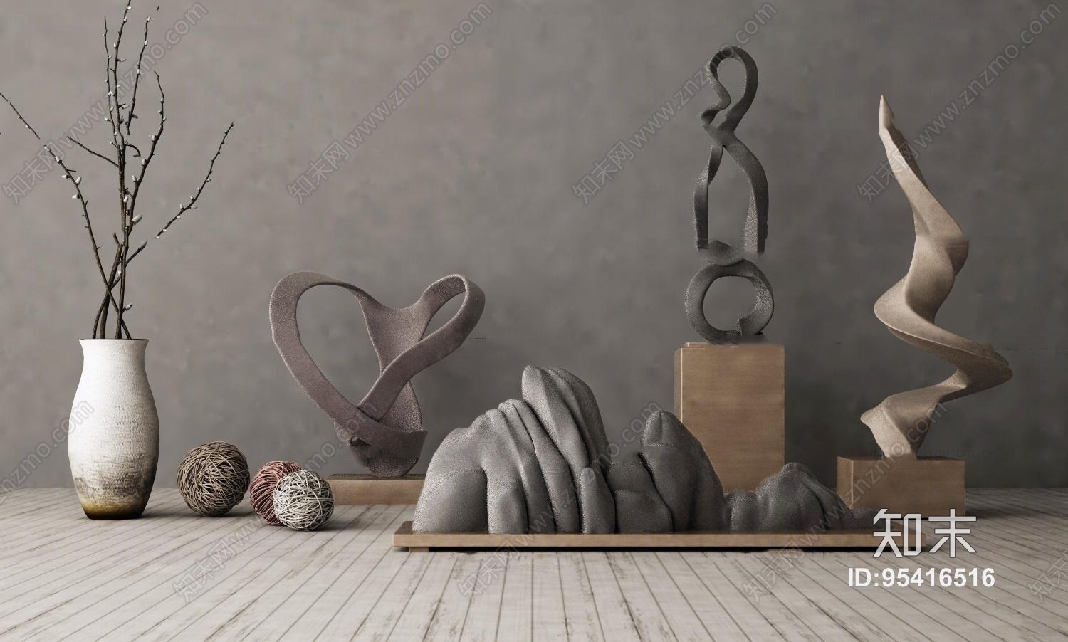 中式假山花瓶雕塑摆件组合3D模型下载【ID:95416516】