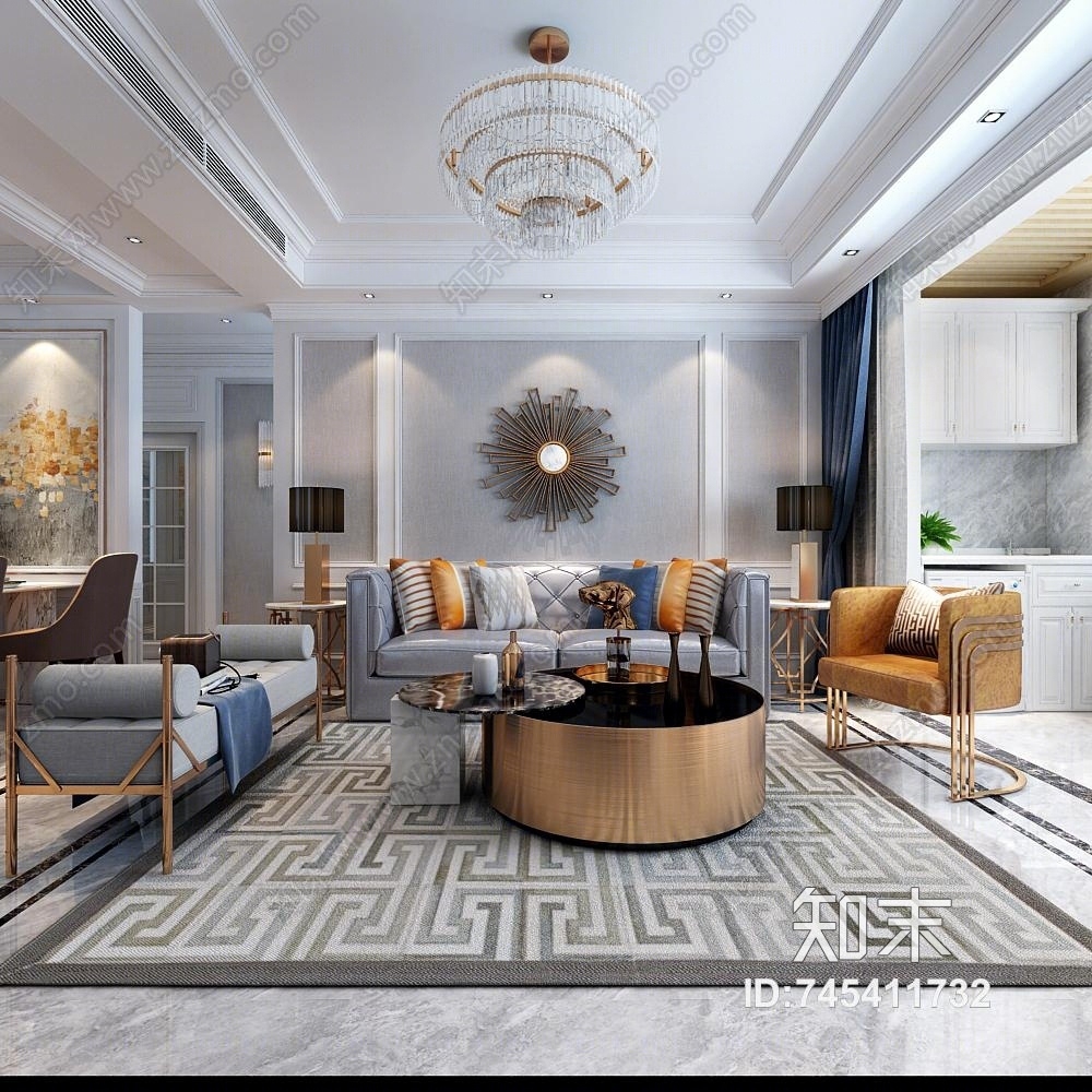 美式轻奢风格客厅3D模型下载【ID:745411732】