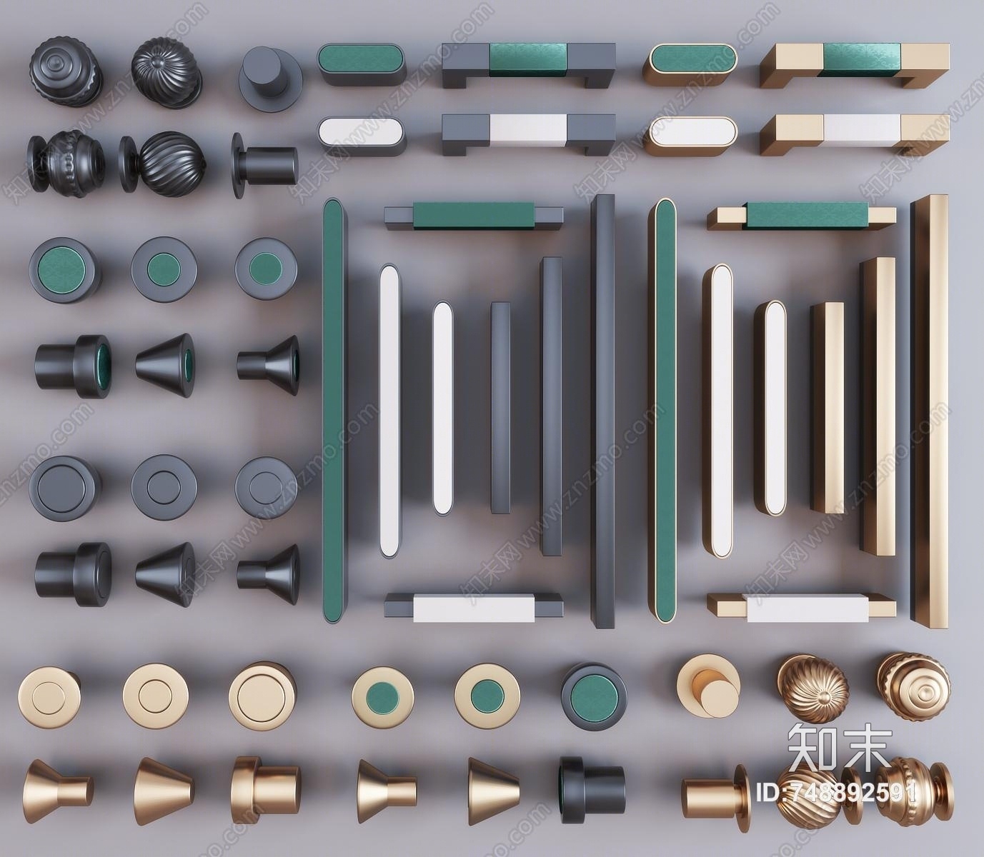 现代金属柜门拉手门把手五金件组合3D模型下载【ID:748892591】