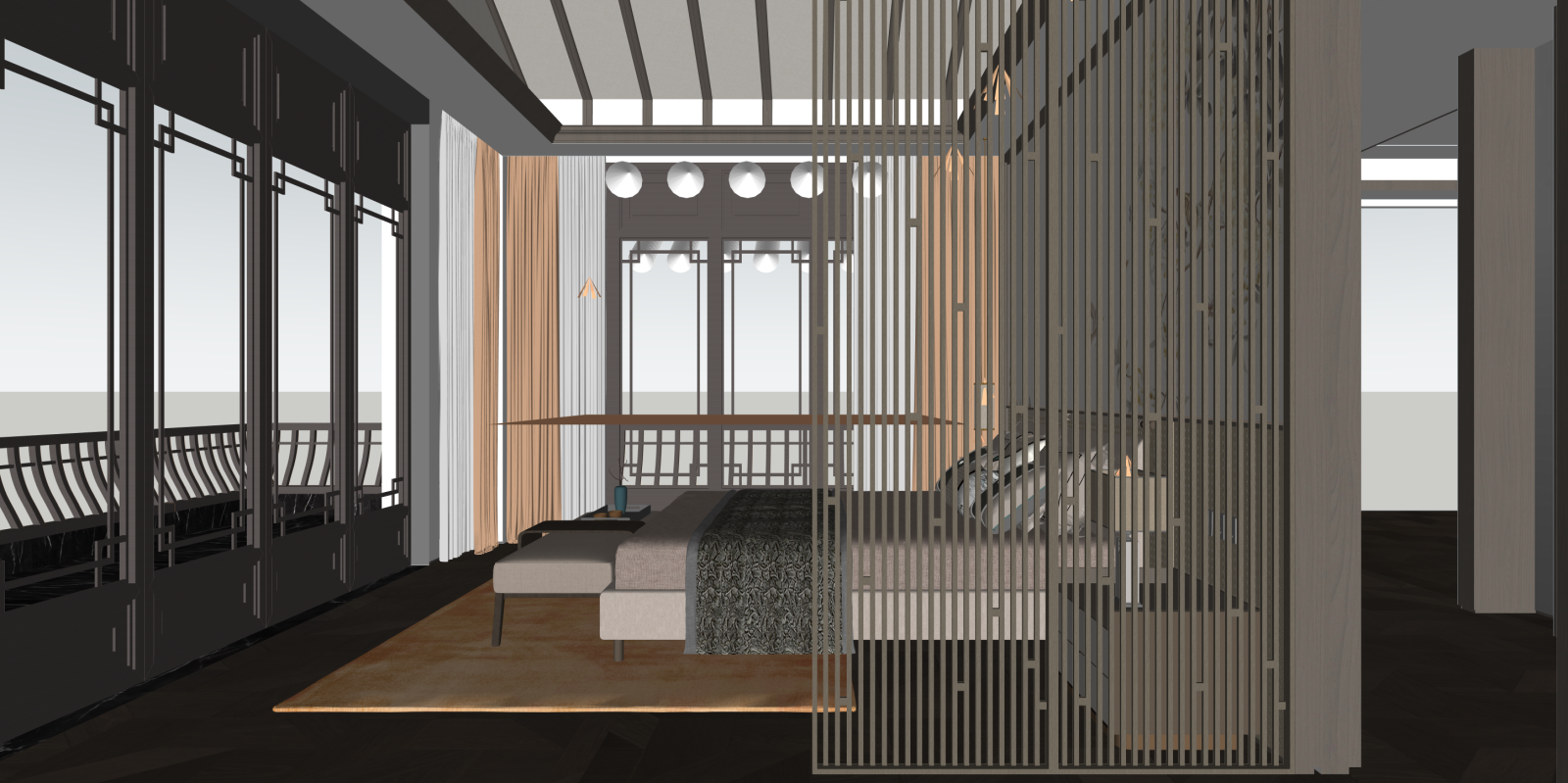 新中式家居卧室SU模型下载【ID:1216000892】