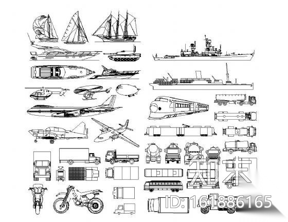 各式交通工具图块集cad施工图下载【ID:161886165】