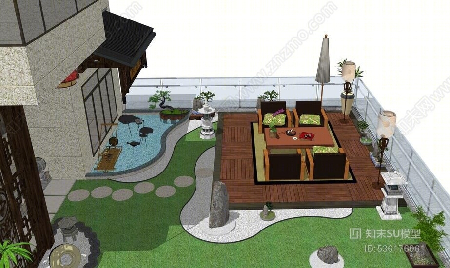 日式庭院景观SU模型下载【ID:536176961】
