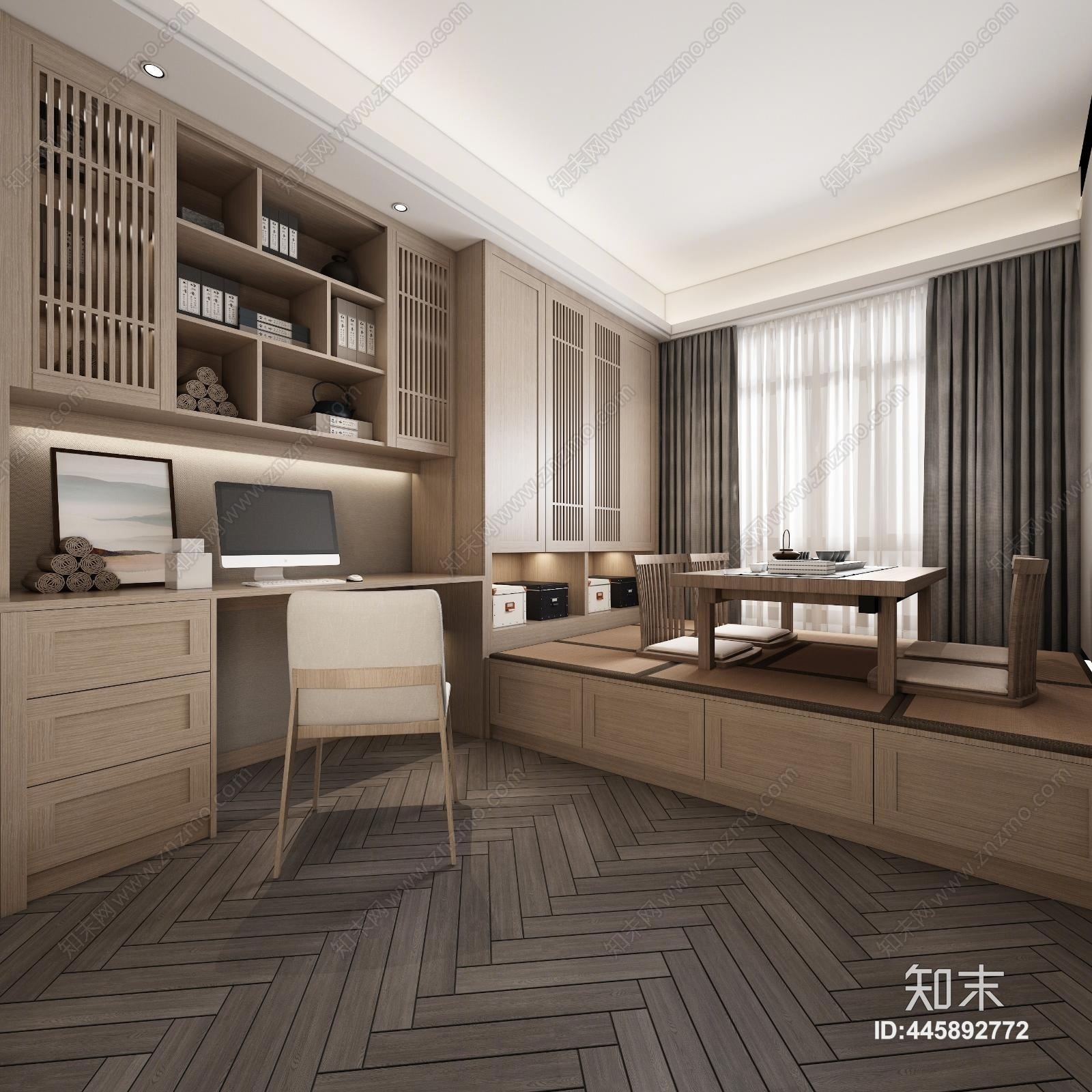 新中式榻榻米次卧室3D模型下载【ID:445892772】