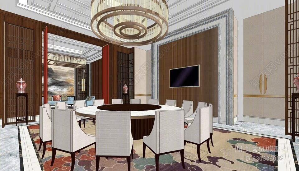 中式包房室内设计SU模型下载【ID:630333002】