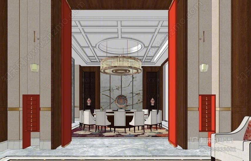 中式包房室内设计SU模型下载【ID:630333002】